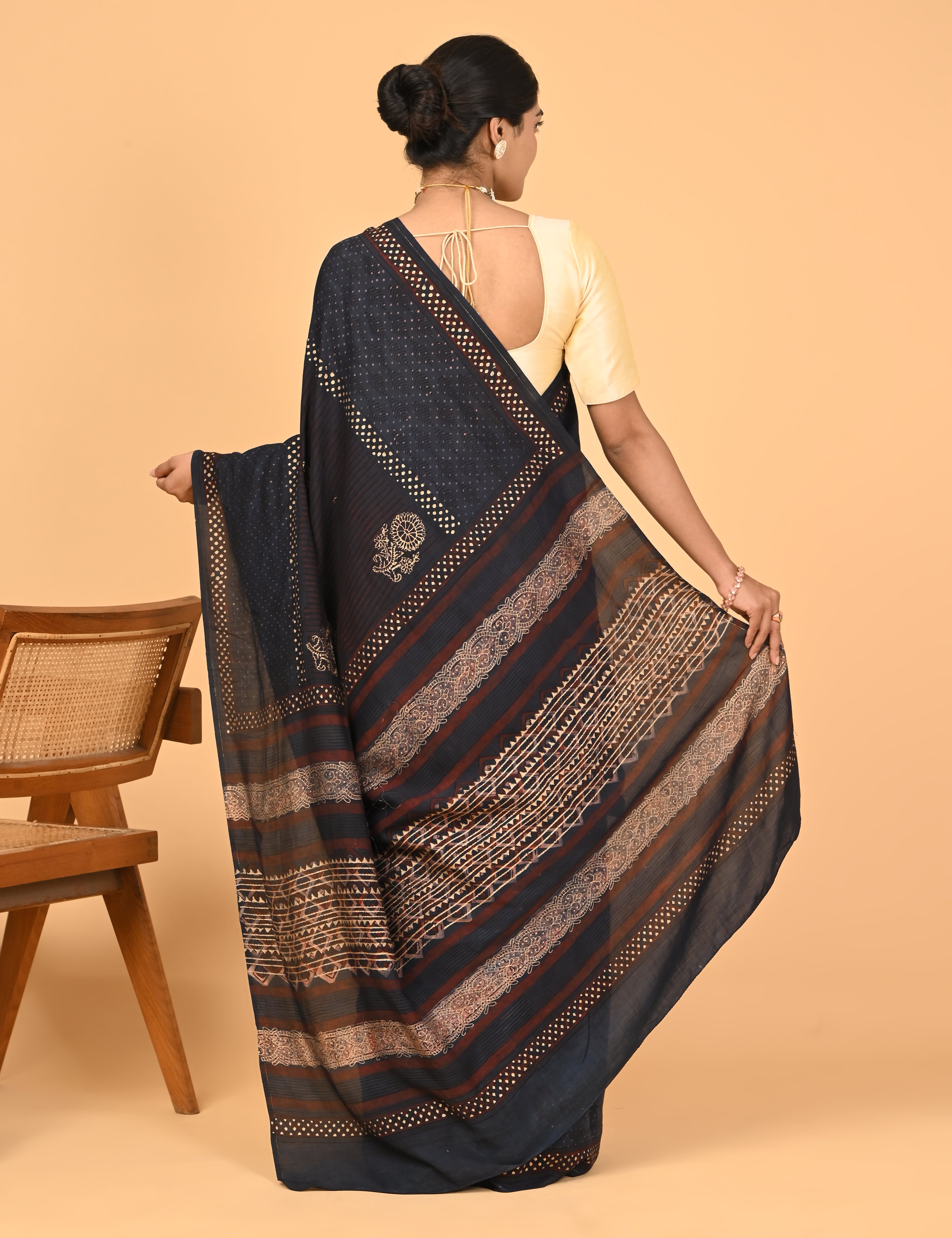 Sunheri Navy Ajrakh Saree