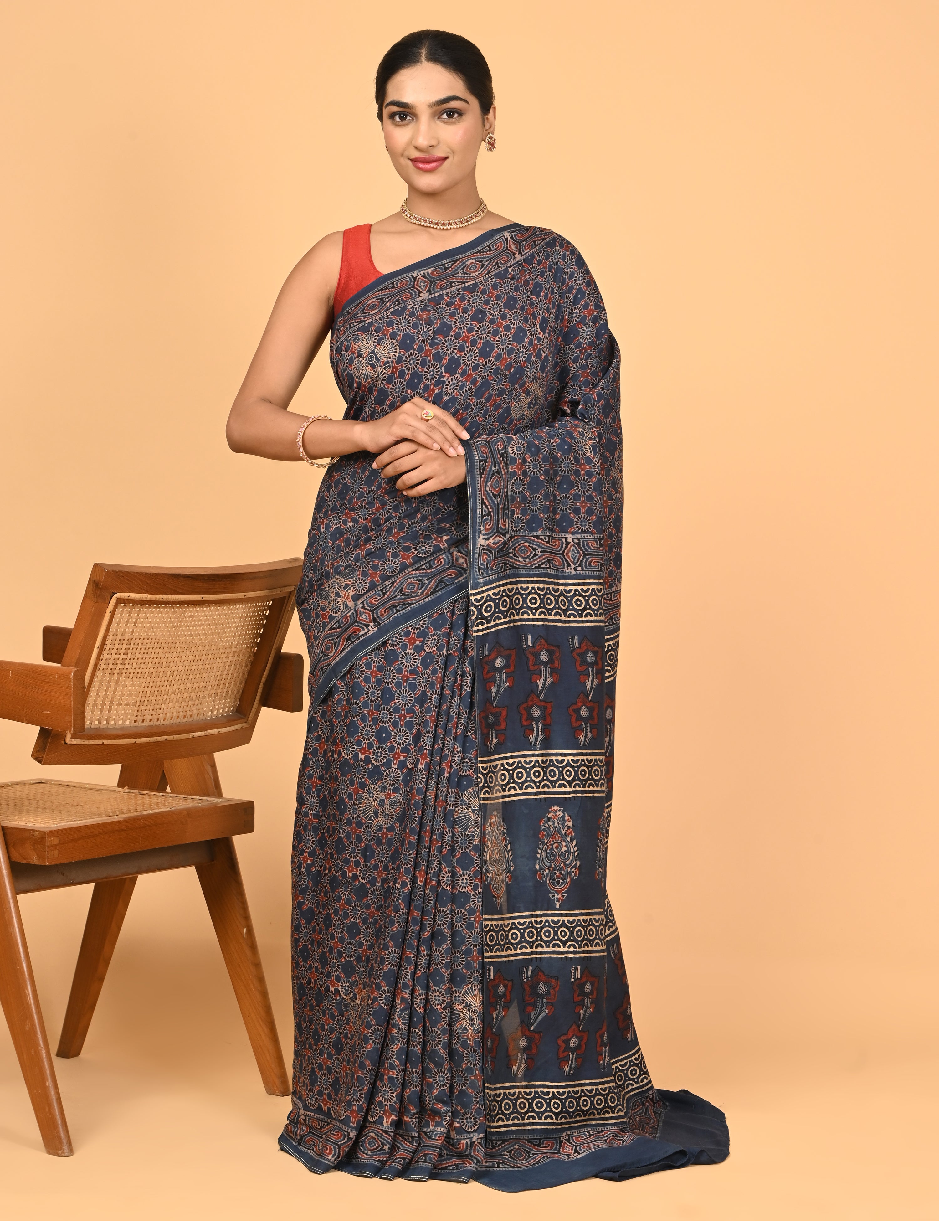 Sunheri Indigo Ajrakh Saree