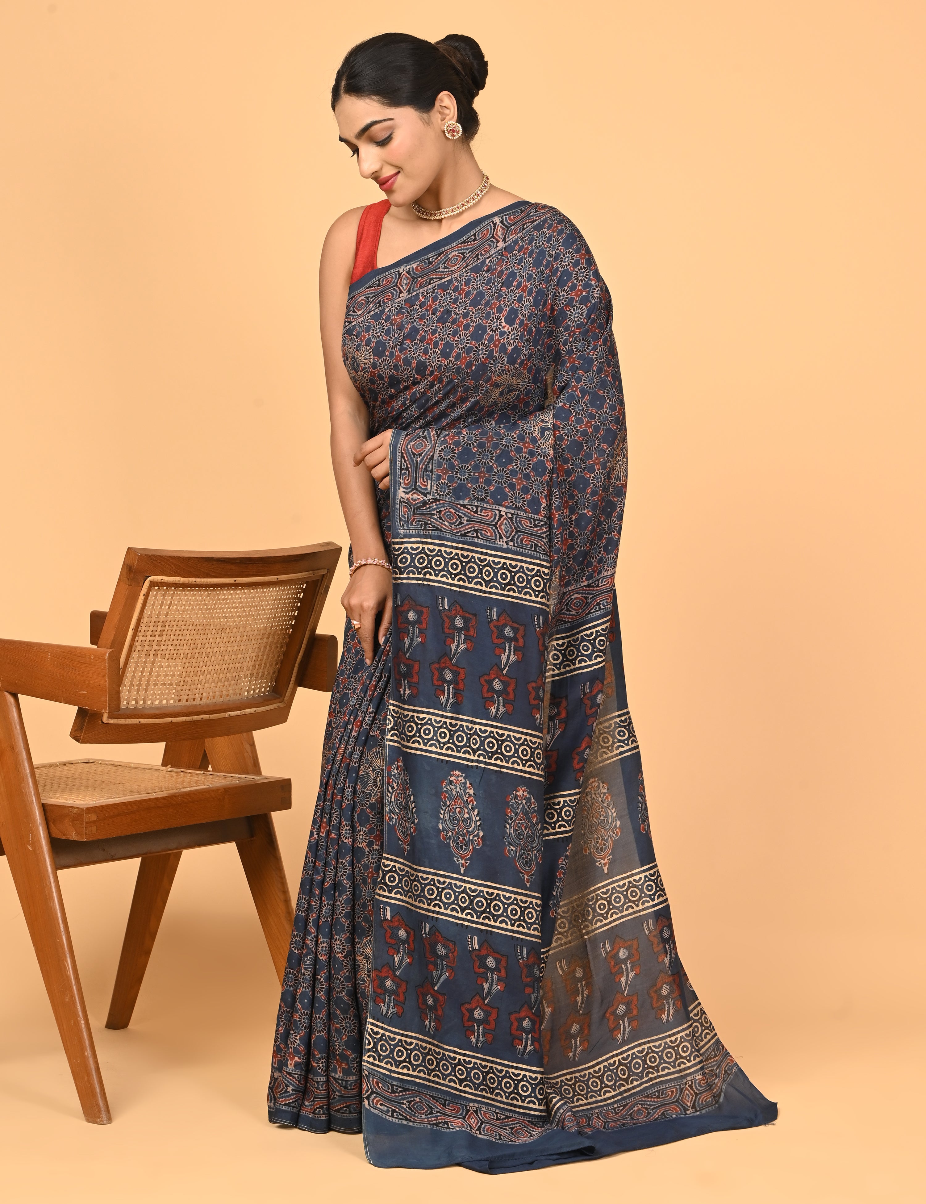 Sunheri Indigo Ajrakh Saree