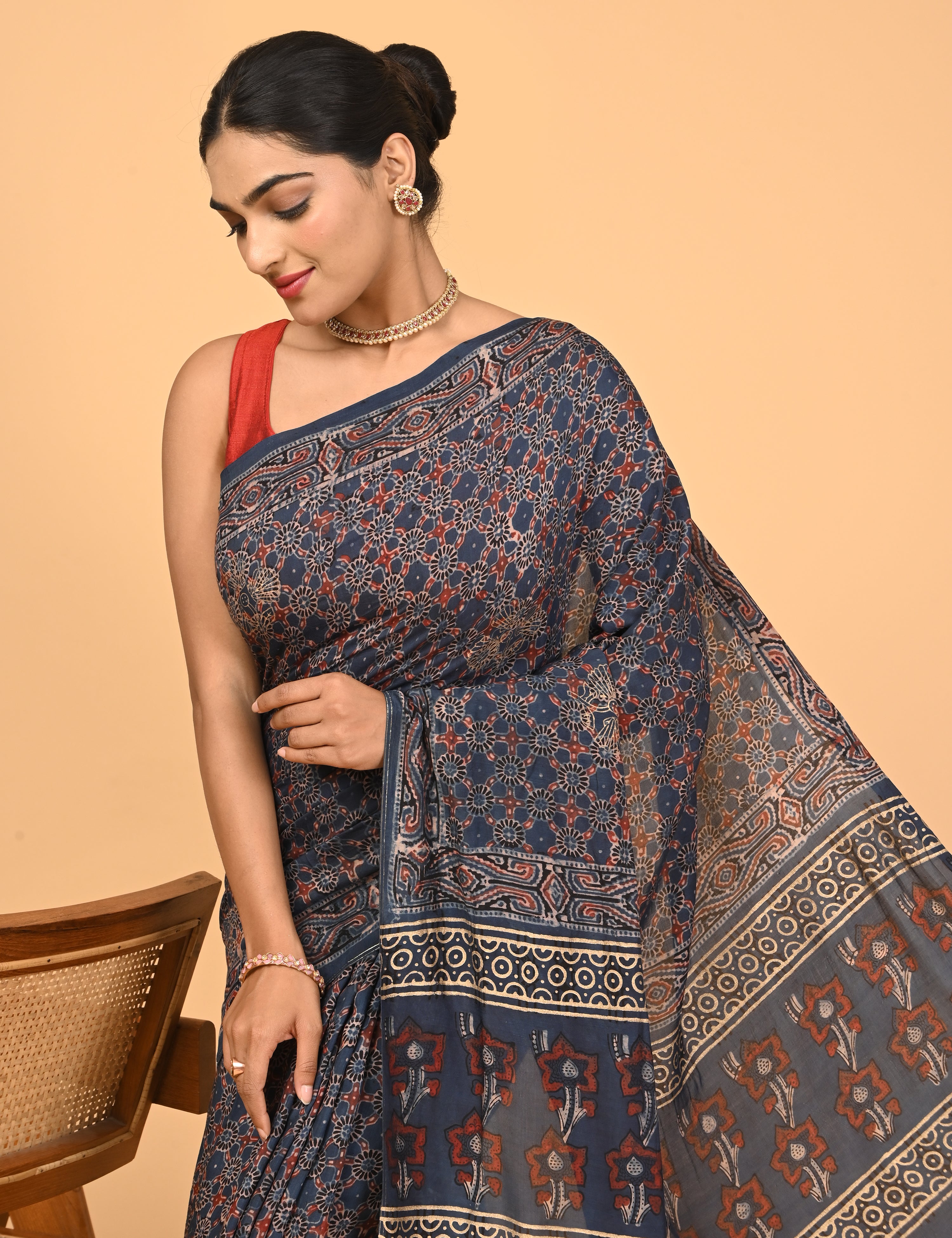 Sunheri Indigo Ajrakh Saree