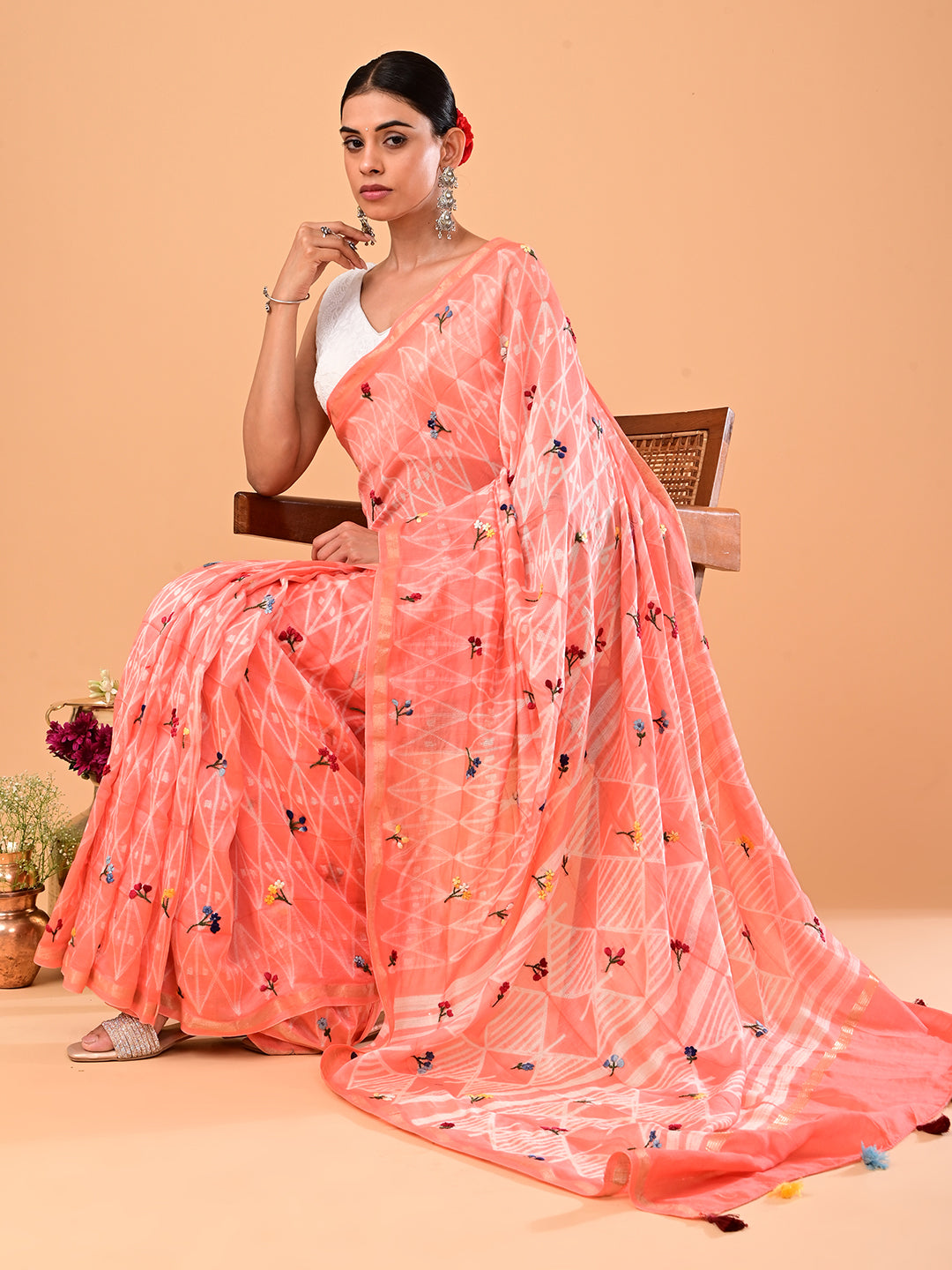 Bagicha Peach Shibori Saree