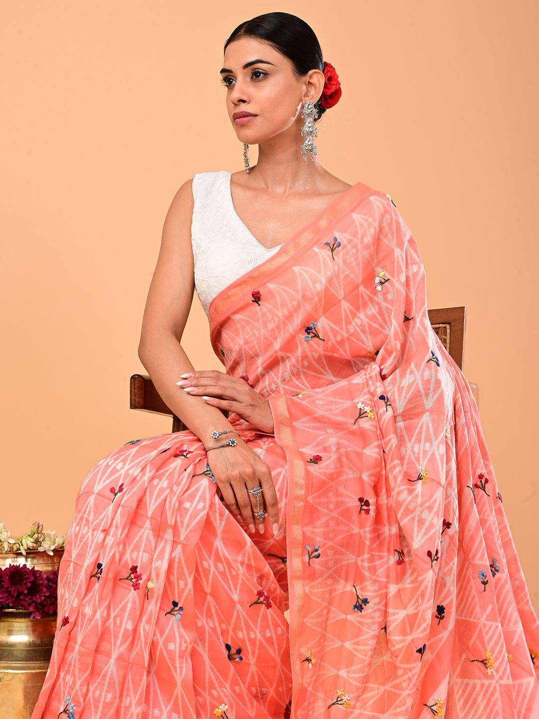 Bagicha Peach Shibori Saree