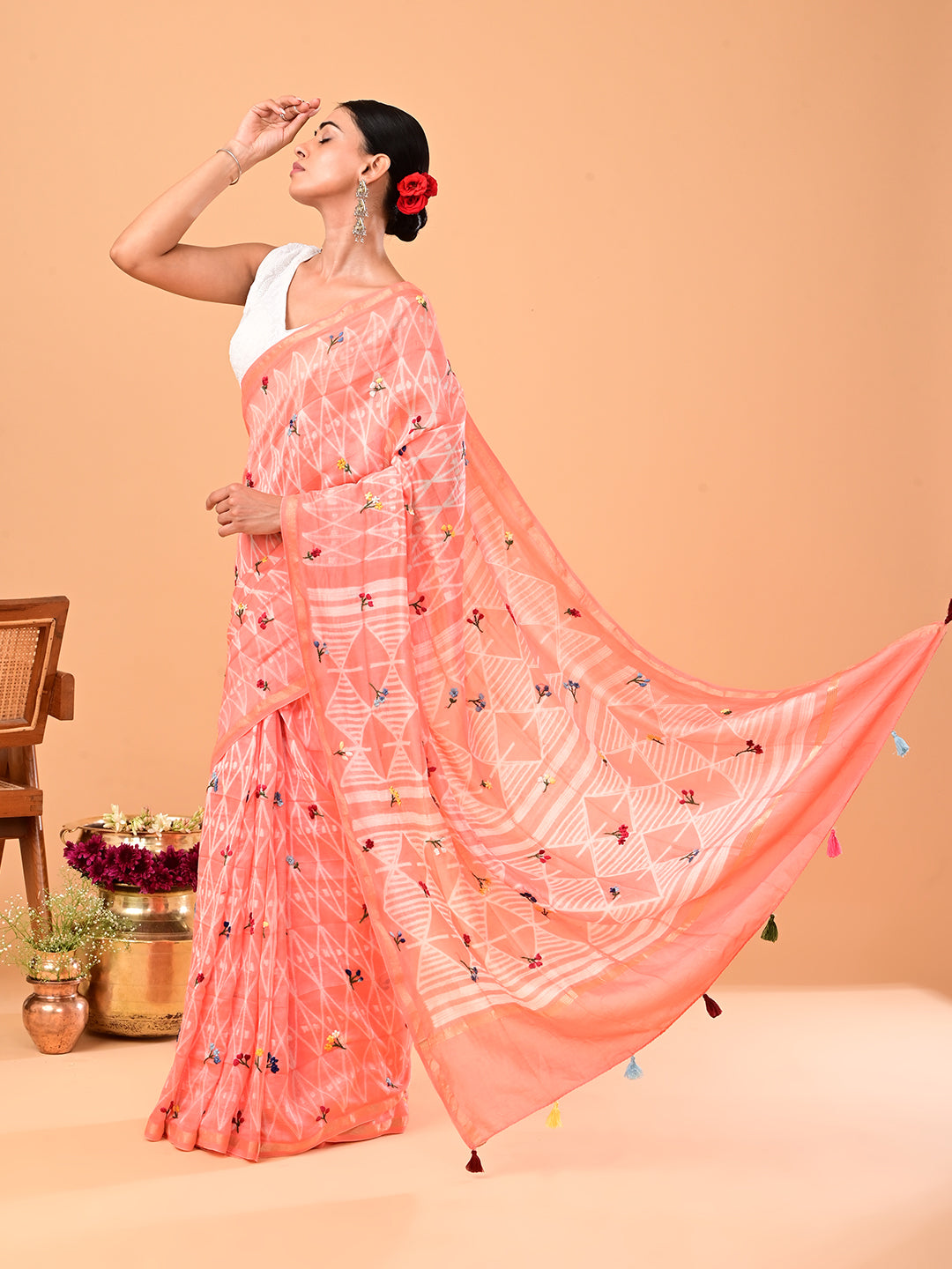 Bagicha Peach Shibori Saree