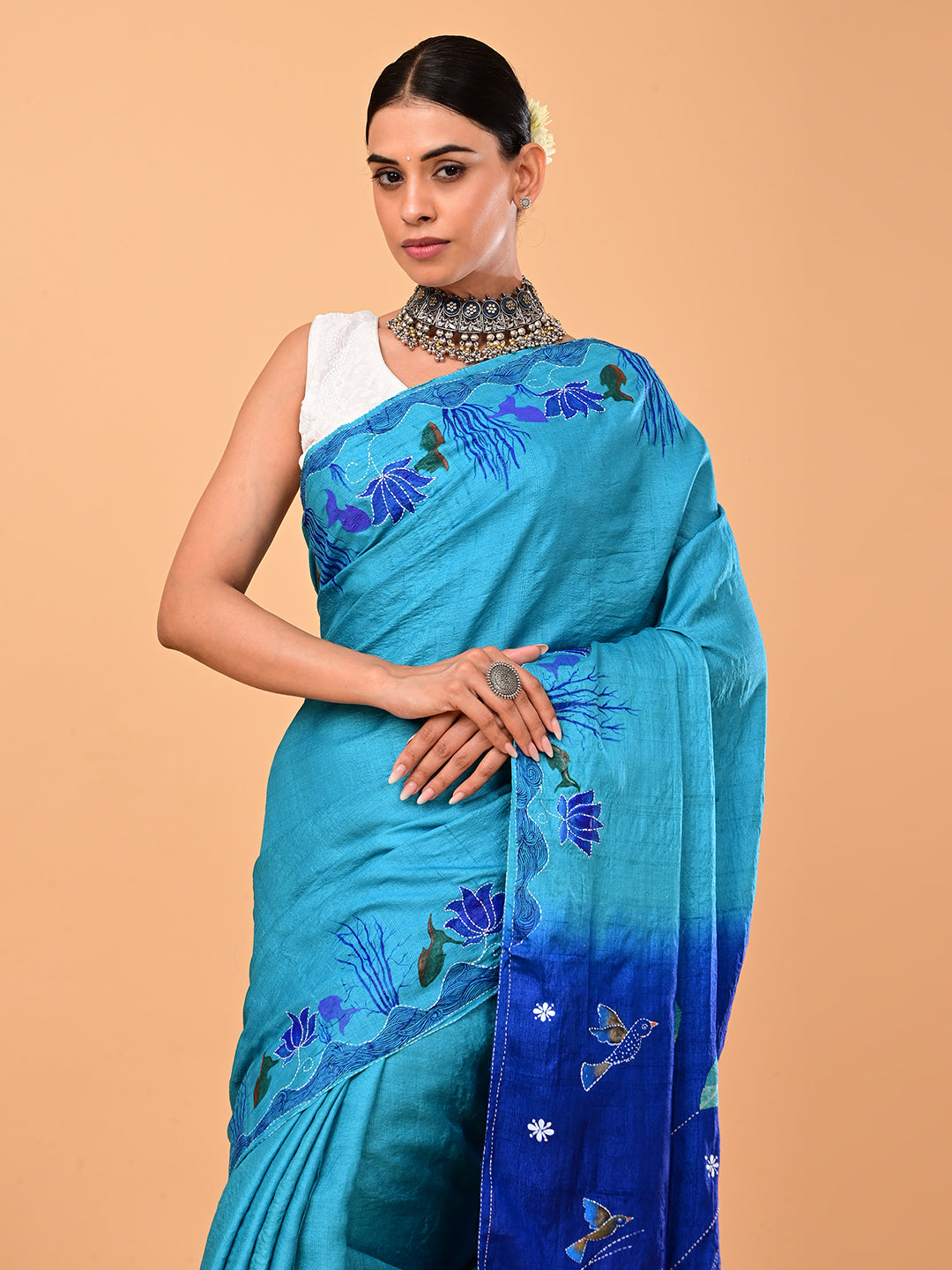 Padma Turquoise Applique Saree
