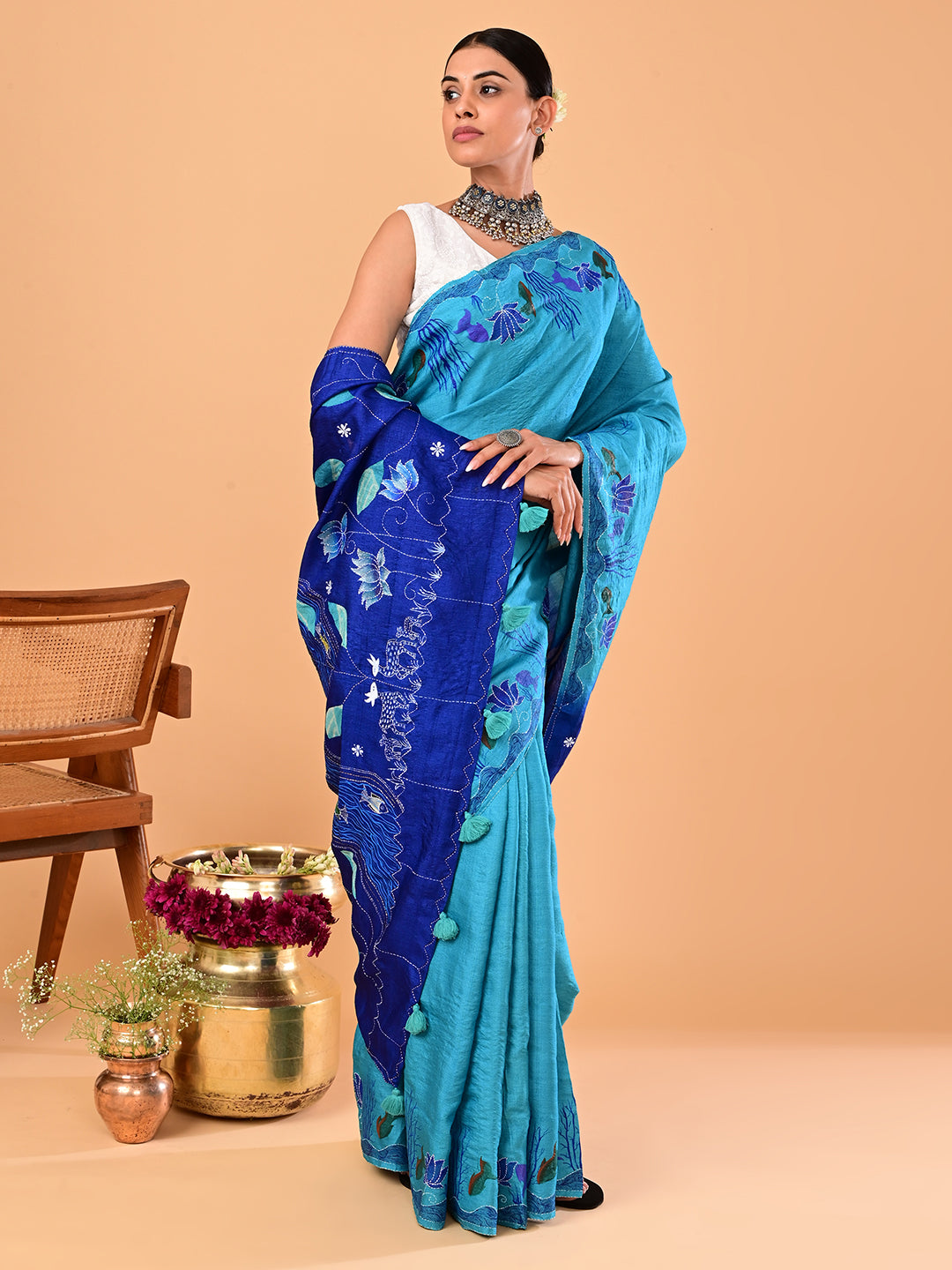 Padma Turquoise Applique Saree
