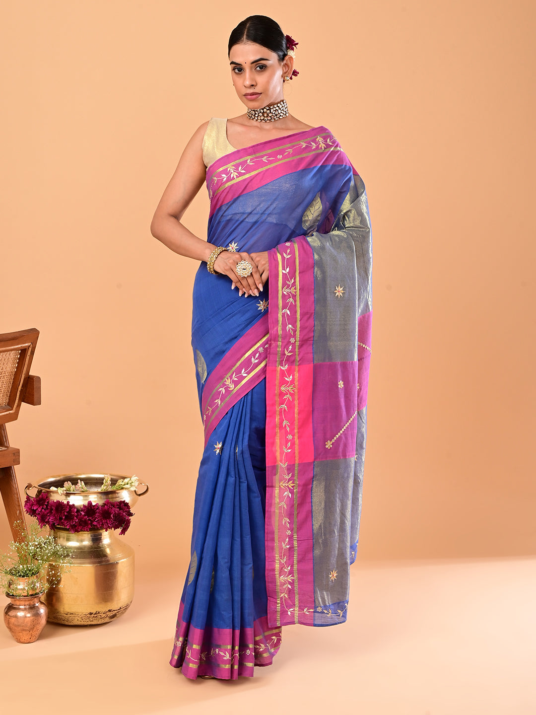 Paan Blue Venkatagiri Jamdani & Gota Patti Saree