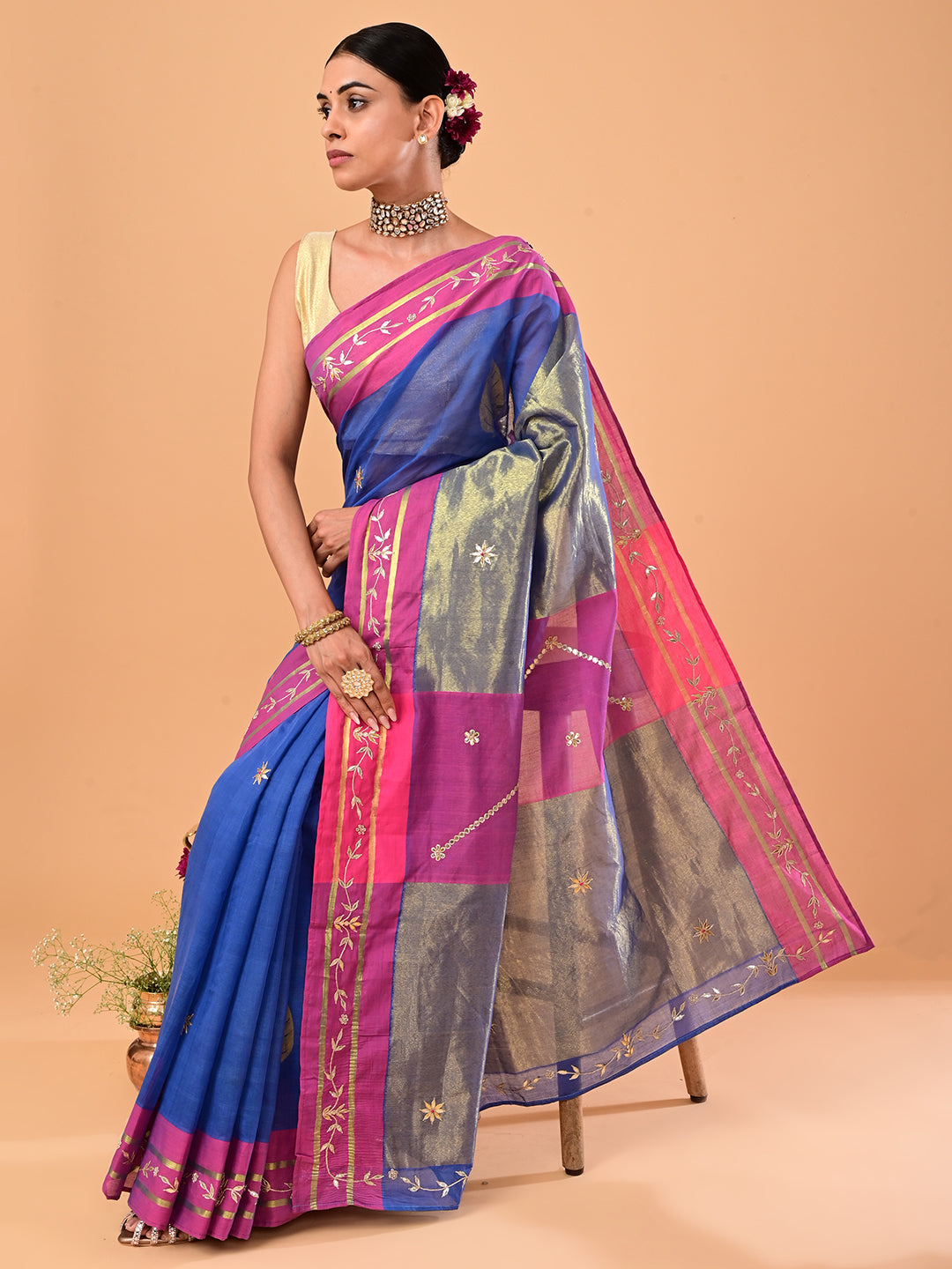 Paan Blue Venkatagiri Jamdani & Gota Patti Saree