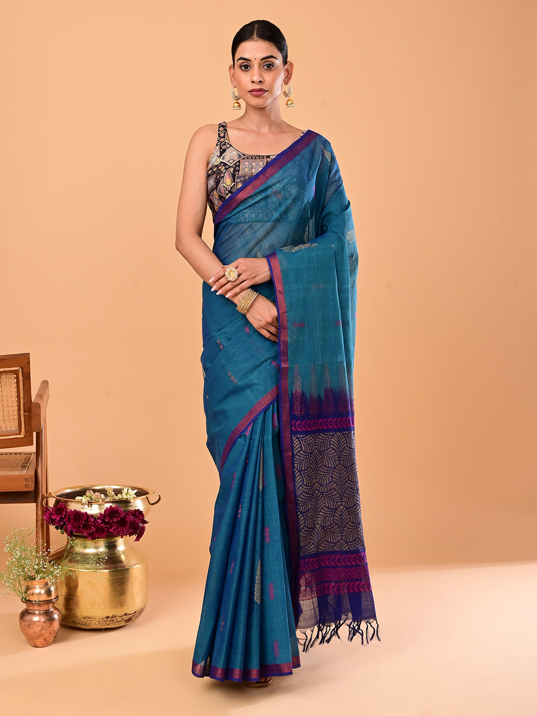 Turquoise Negamam Cotton Saree