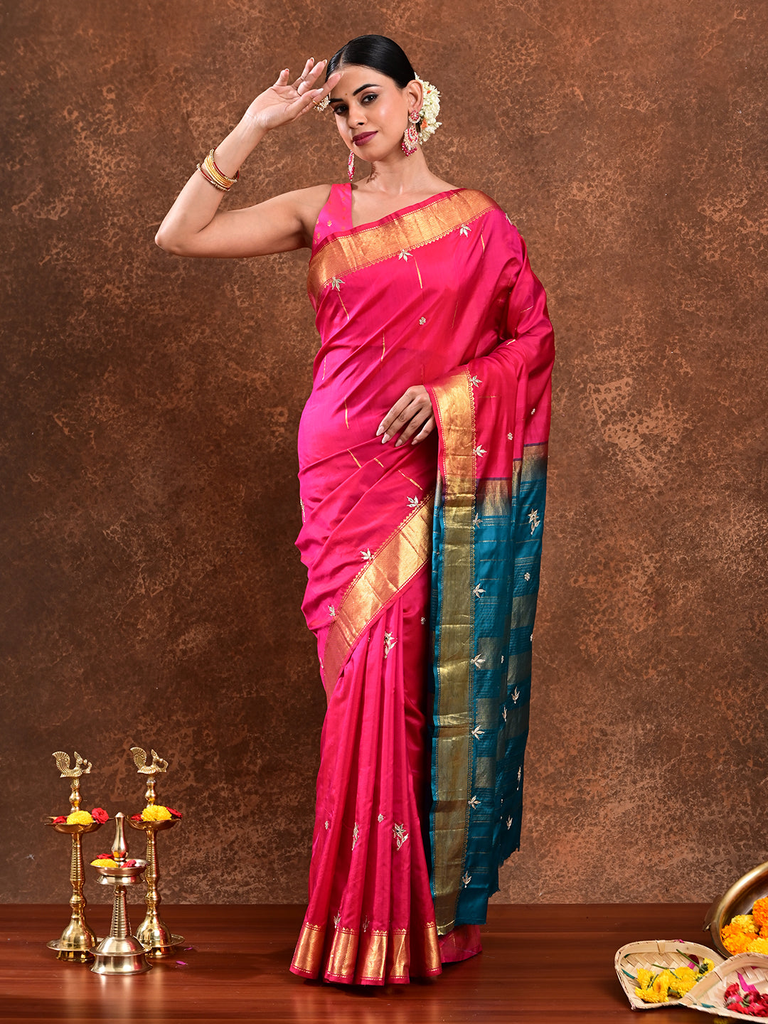 Rajani Fuchsia Kanjevaram Handloom Silk & Gota Patti Saree