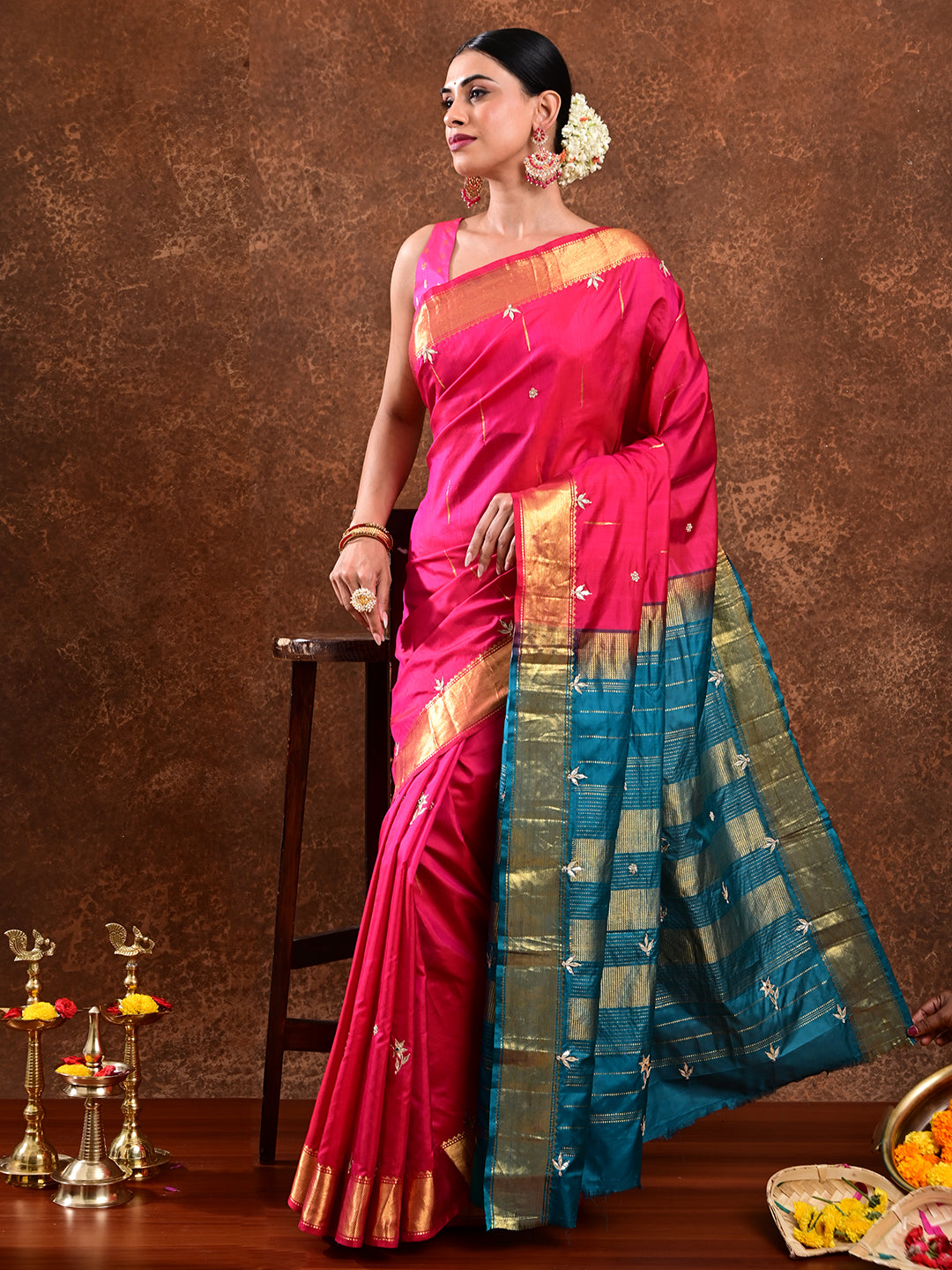 Rajani Fuchsia Kanjevaram Handloom Silk & Gota Patti Saree