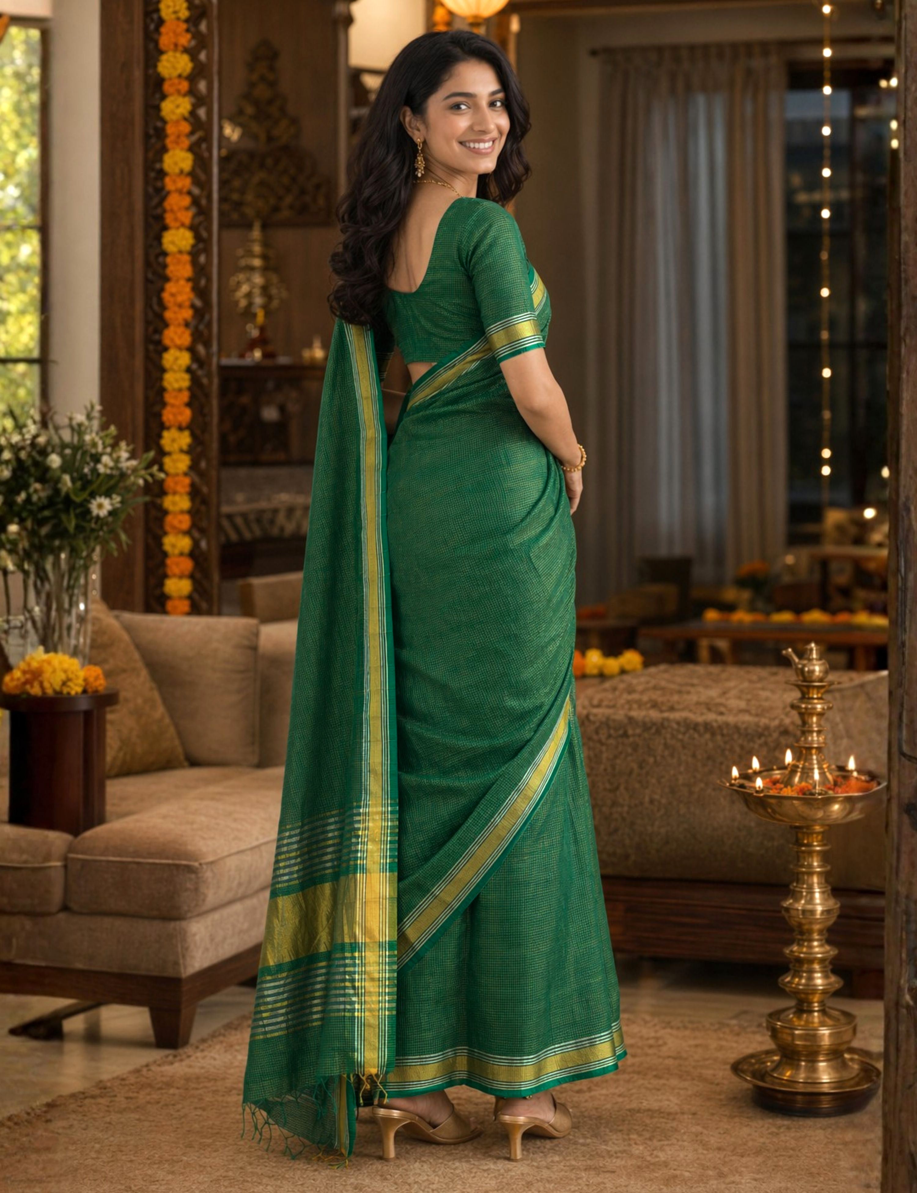 Nanu Kattam Dark-Green Venkatagiri Saree