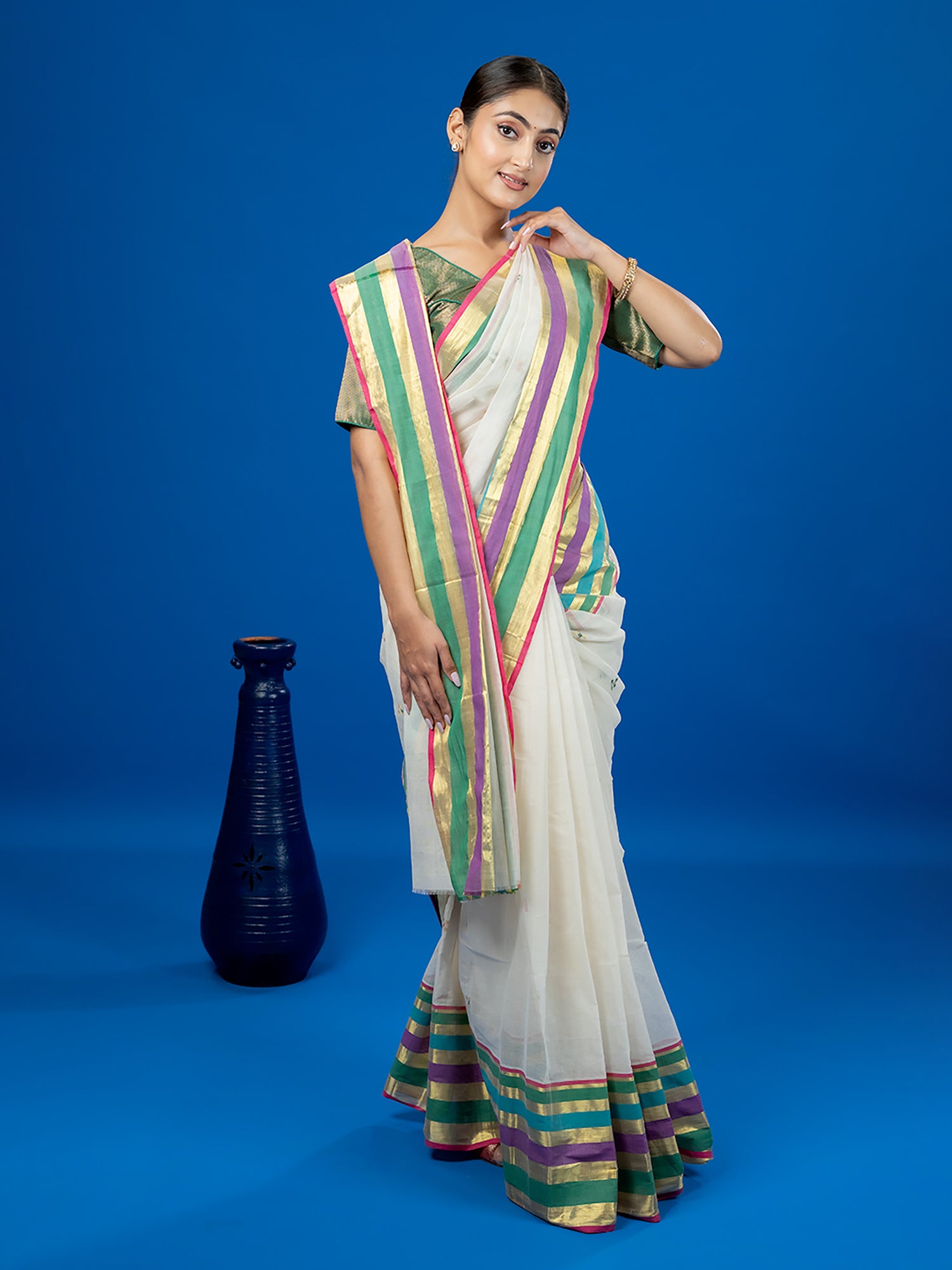 Indradhanush White Venkatagiri Saree