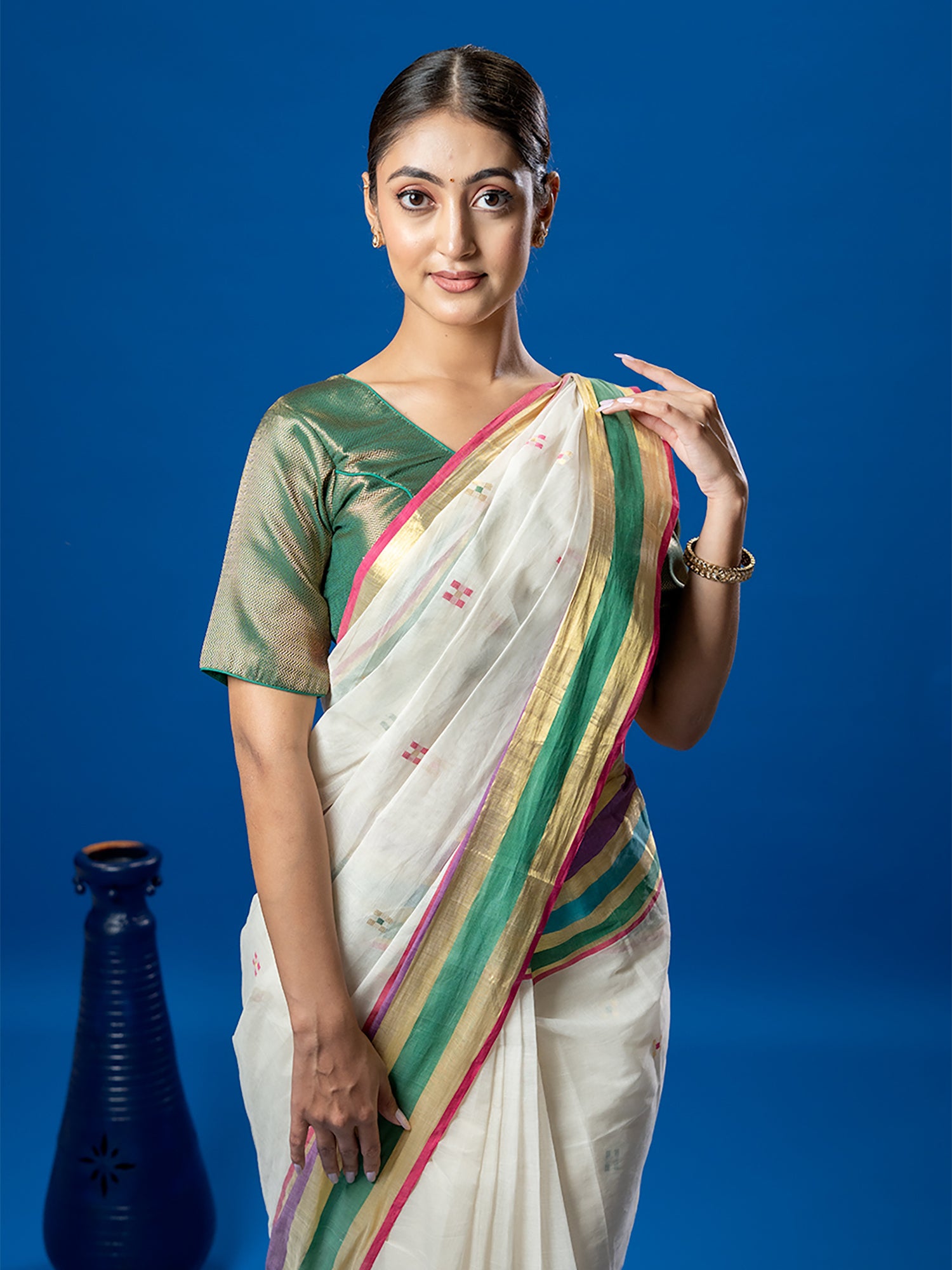 Indradhanush White Venkatagiri Saree