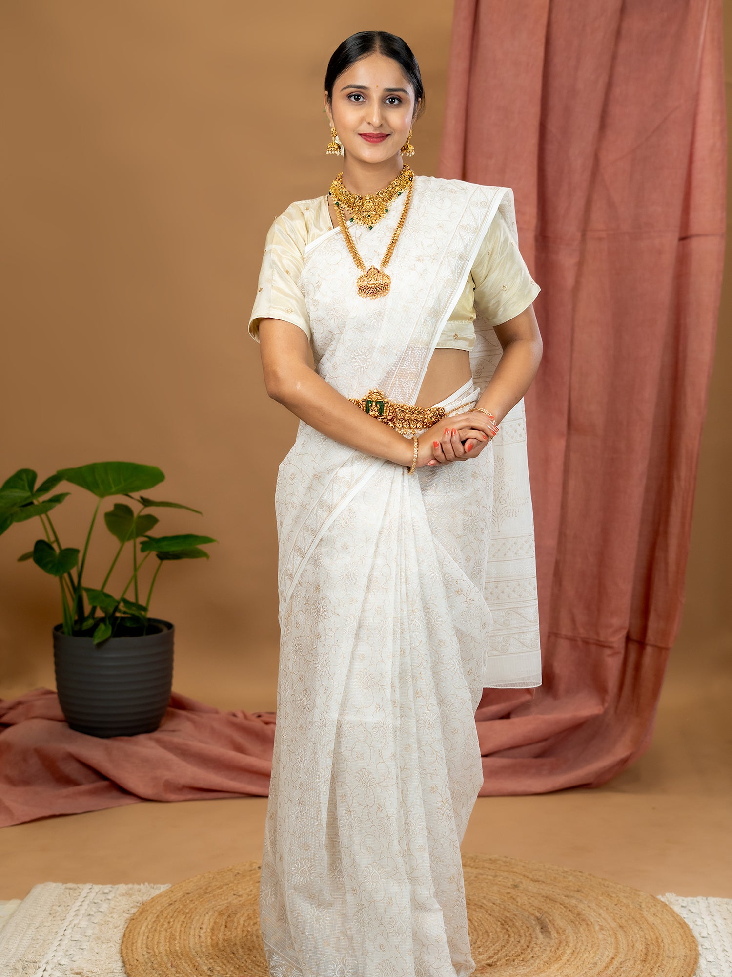 Malar White Hand Block Print Saree