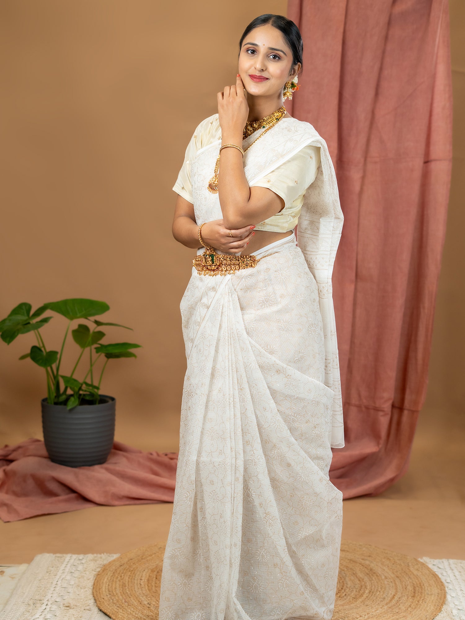Malar White Hand Block Print Saree