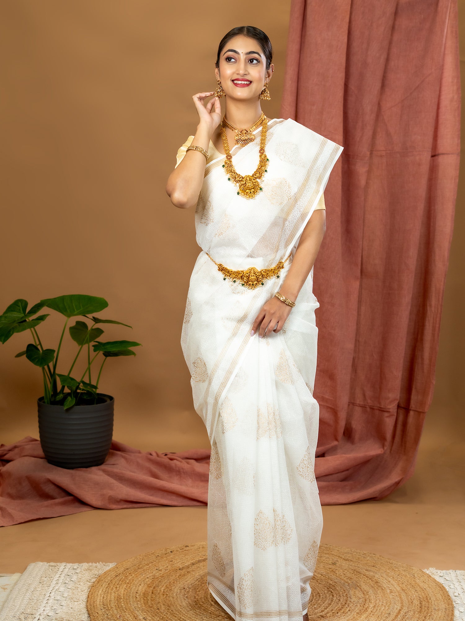 Malar Off White Hand Block Print Saree