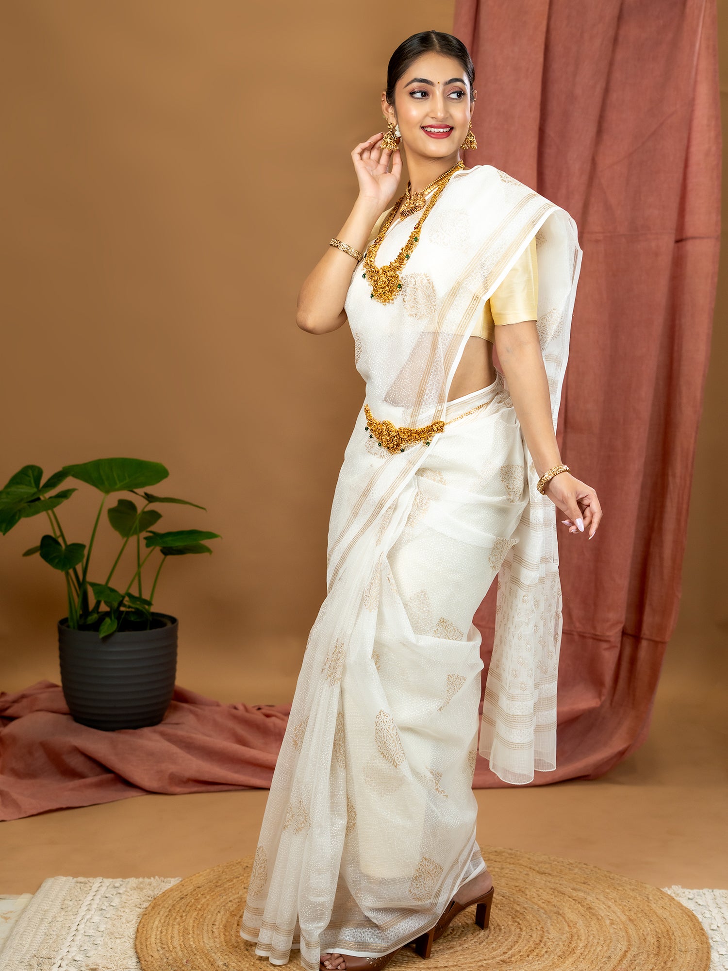 Malar Off White Hand Block Print Saree
