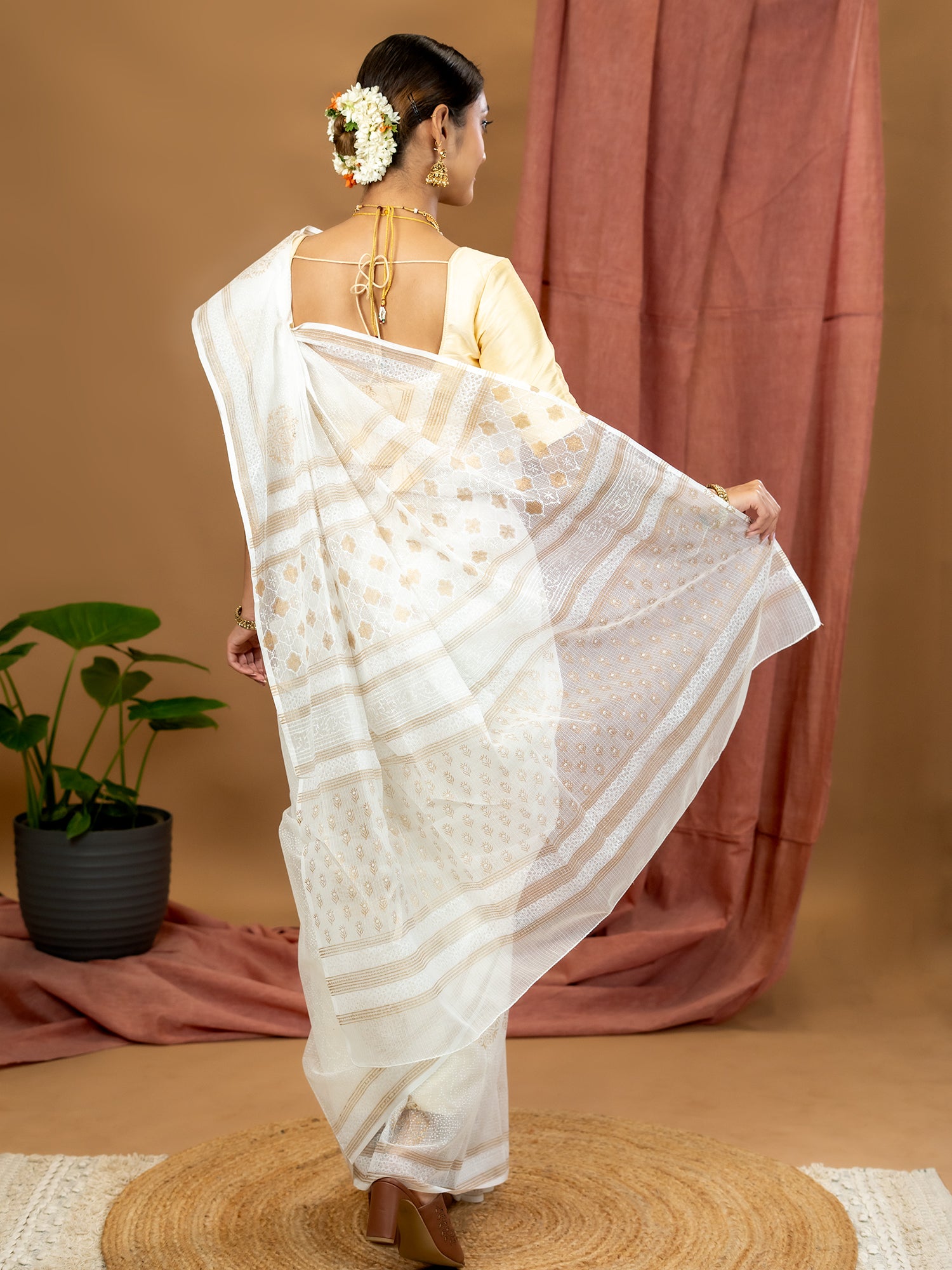 Malar Off White Hand Block Print Saree