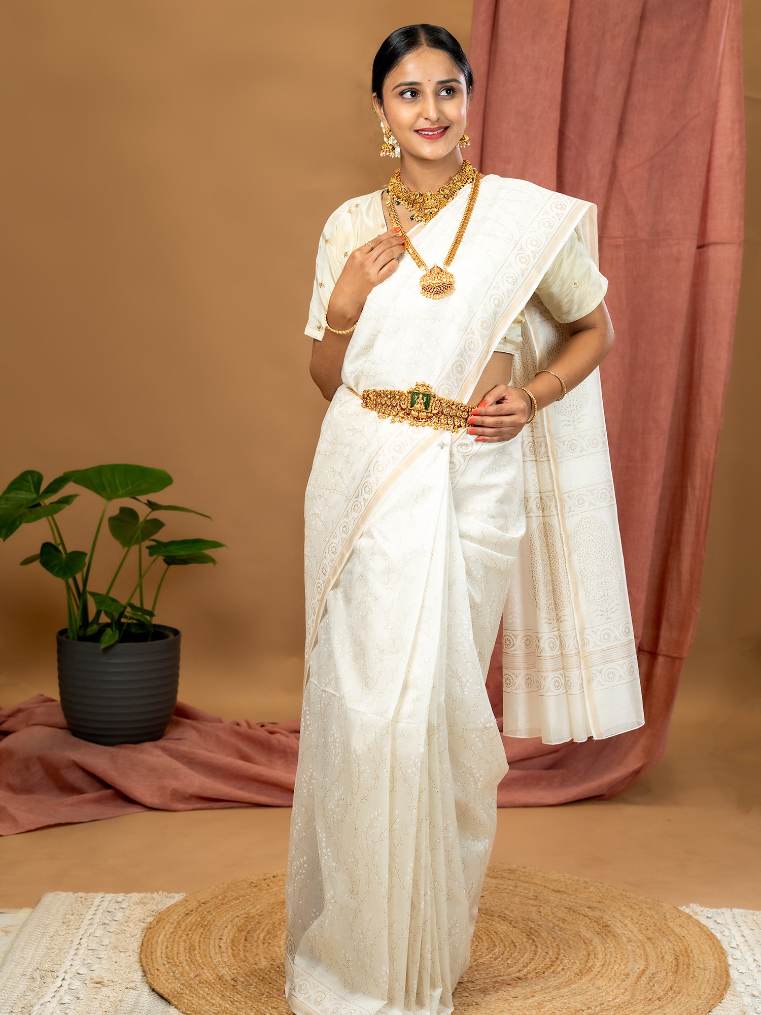 Malar White Hand Block Print Saree