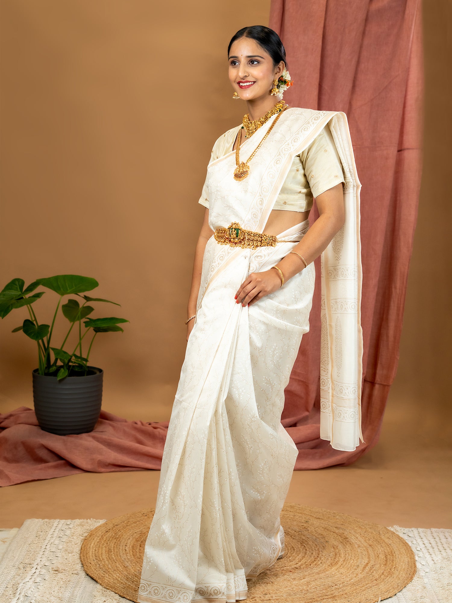 Malar White Hand Block Print Saree