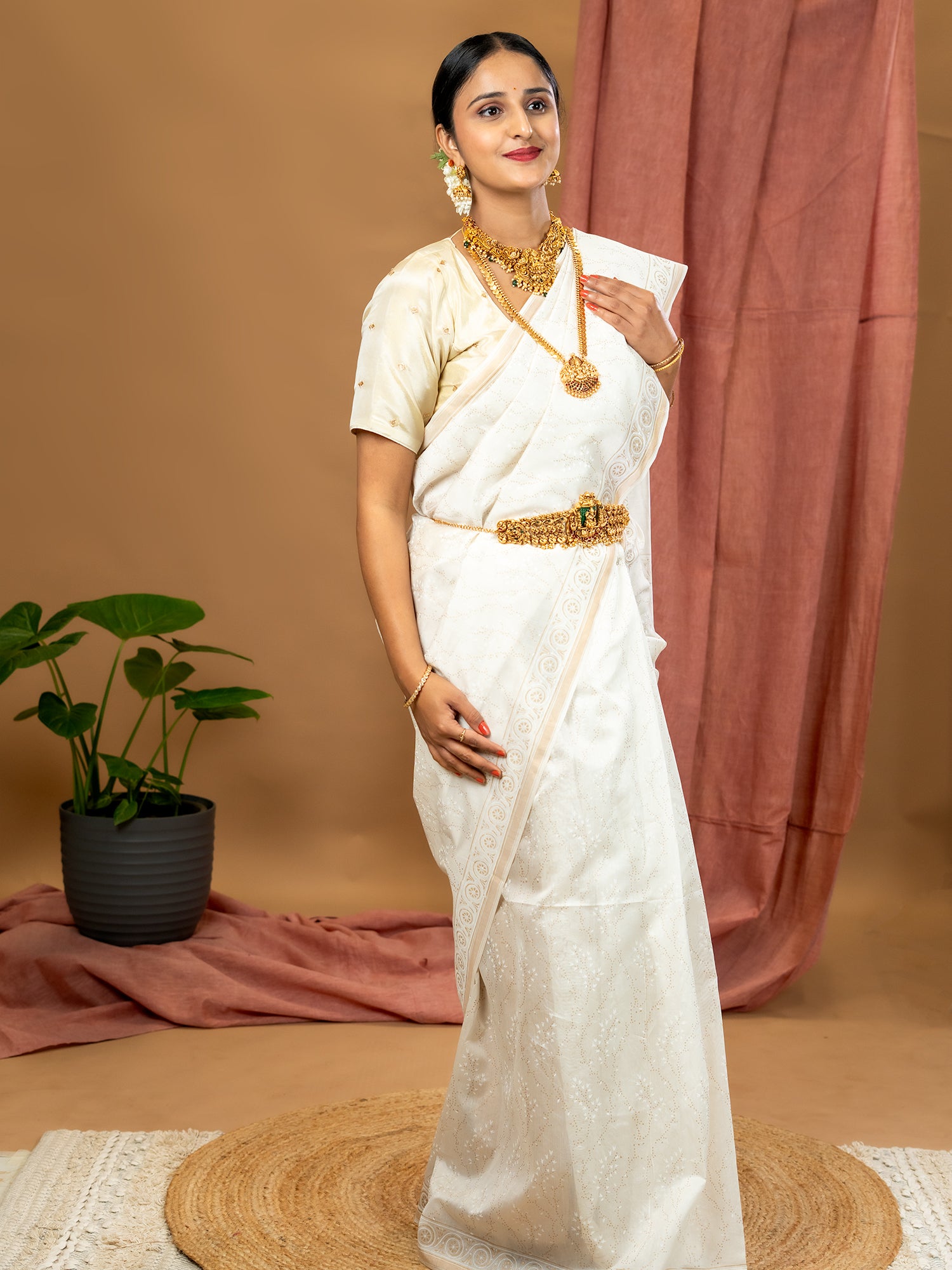 Malar White Hand Block Print Saree