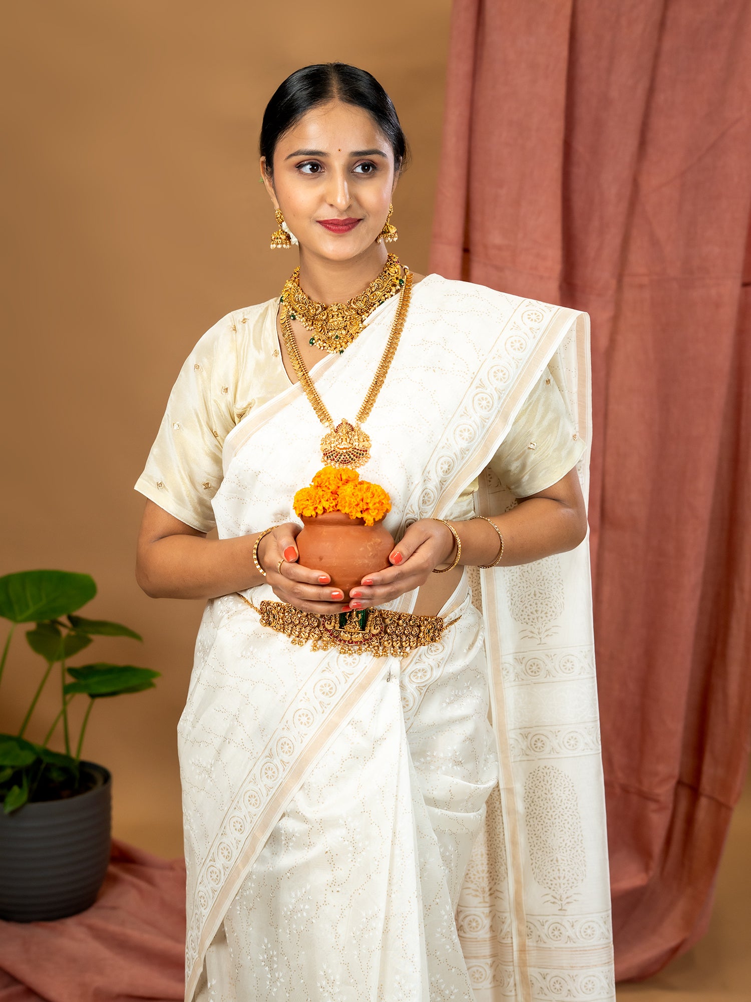 Malar White Hand Block Print Saree