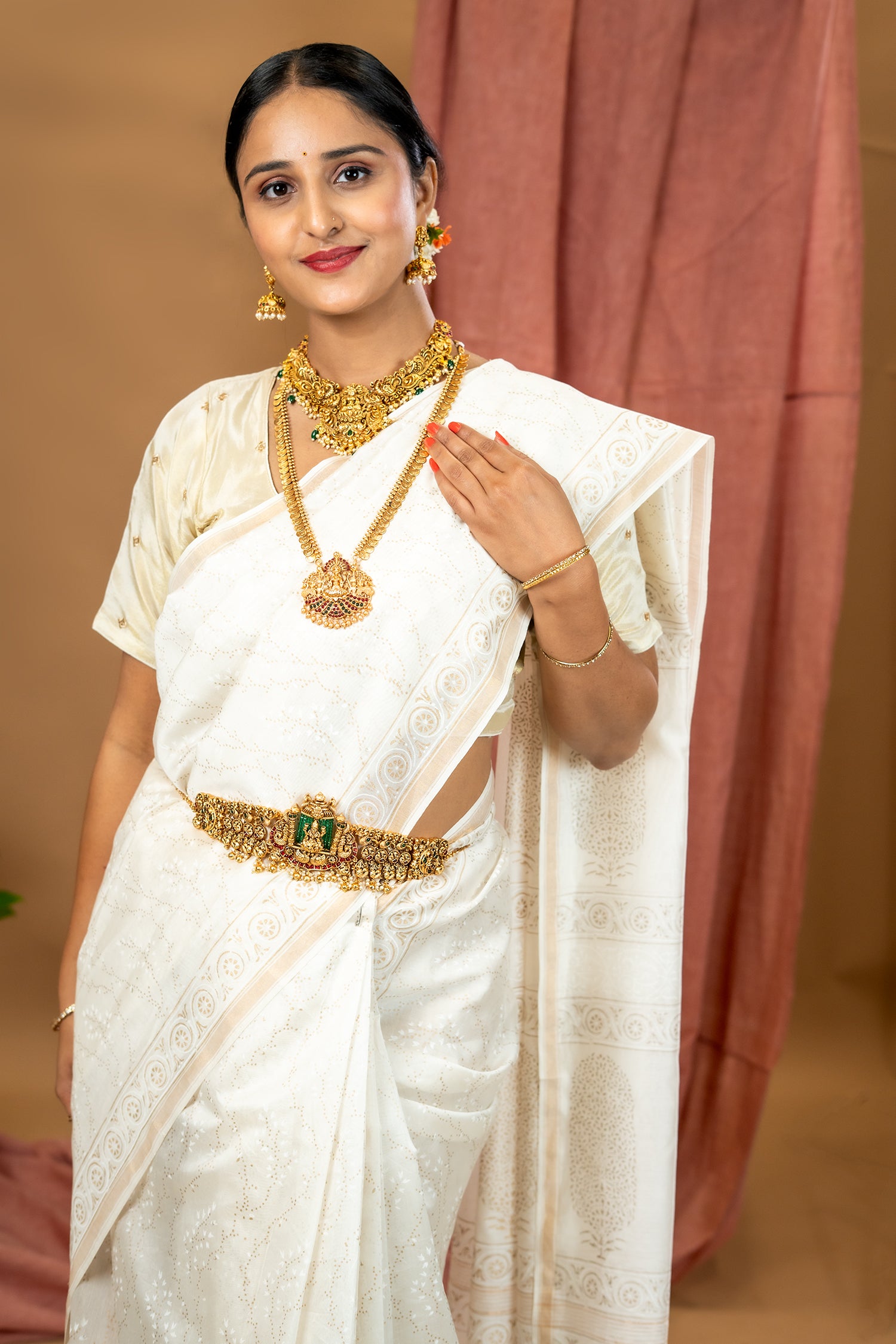 Malar White Hand Block Print Saree