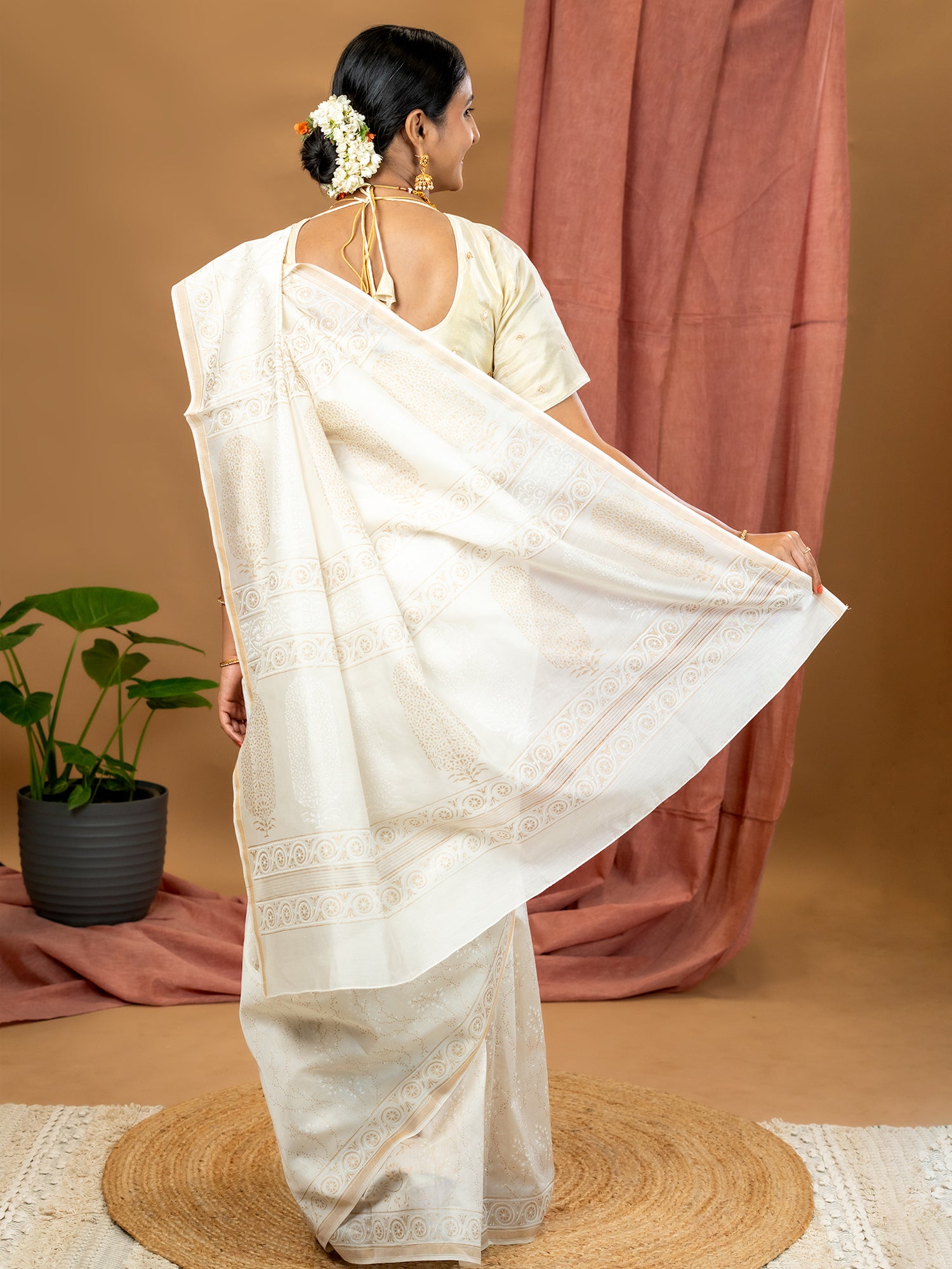 Malar White Hand Block Print Saree