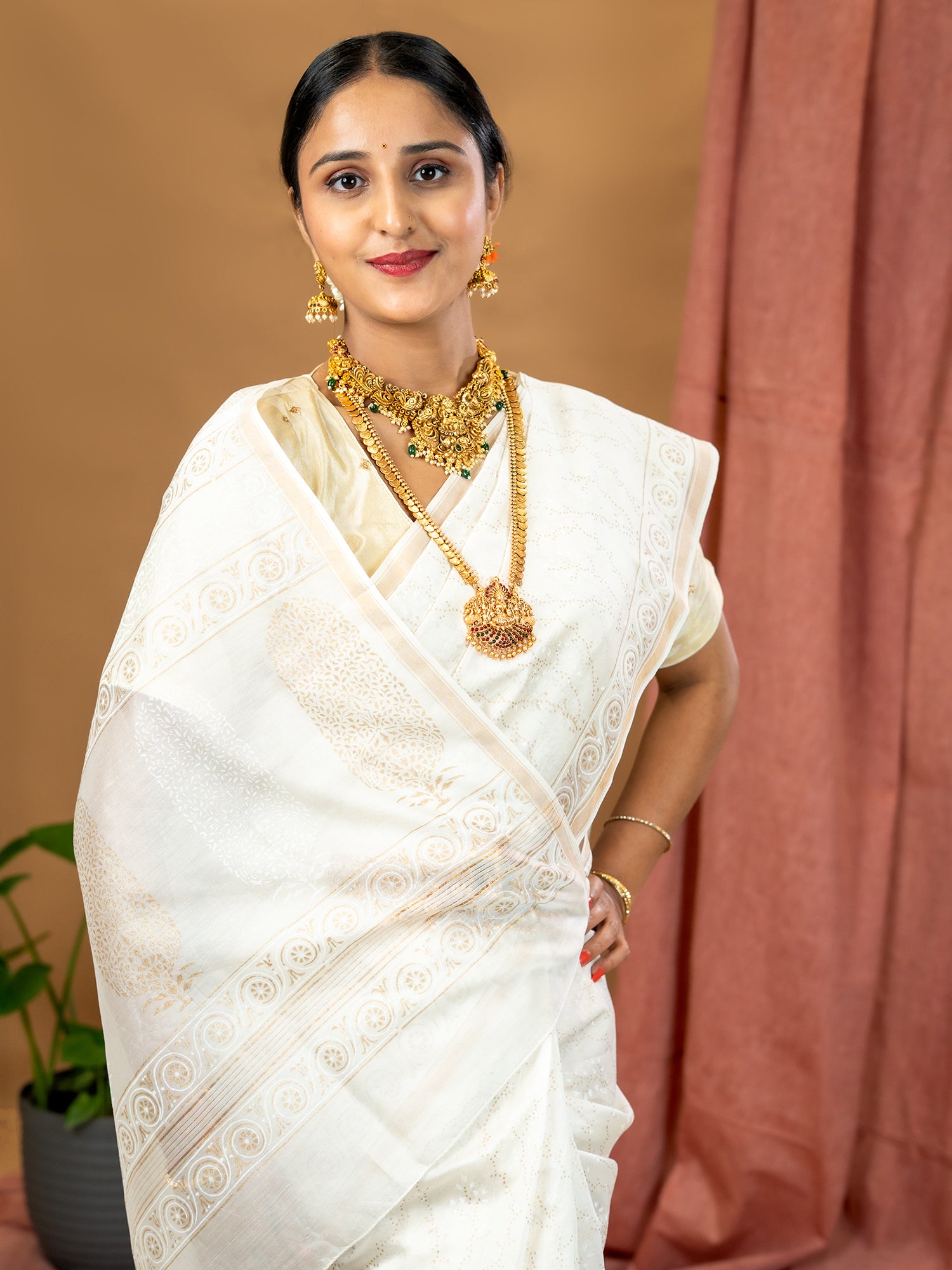Malar White Hand Block Print Saree