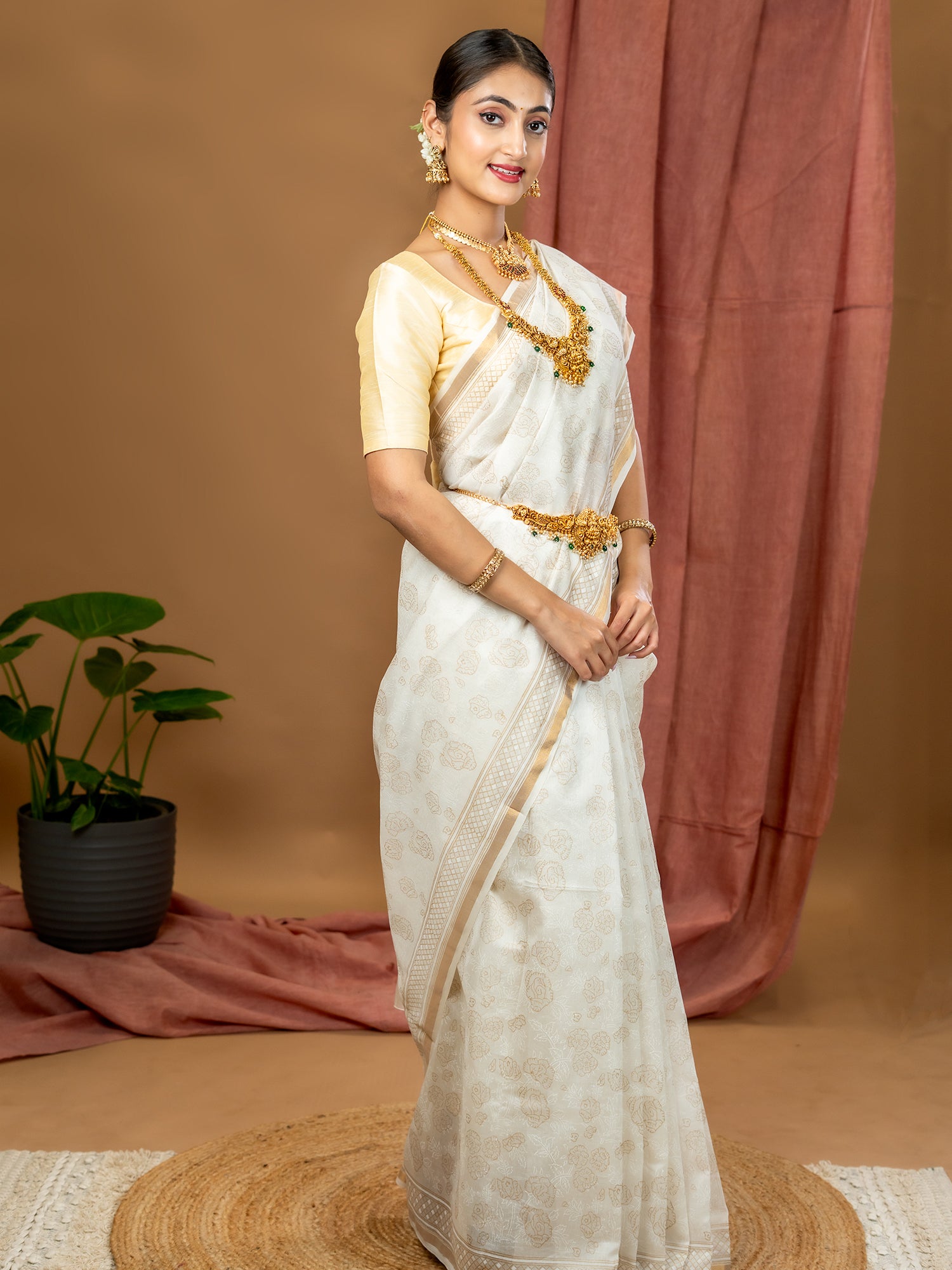 Malar White Hand Block Print Saree
