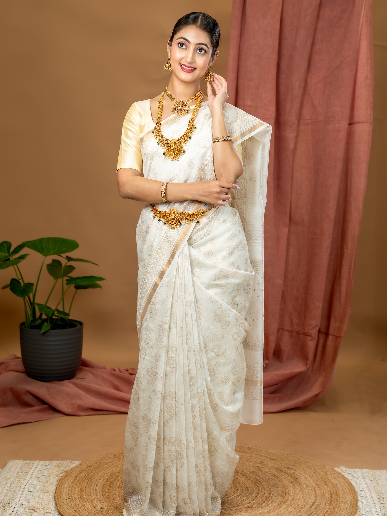 Malar White Hand Block Print Saree