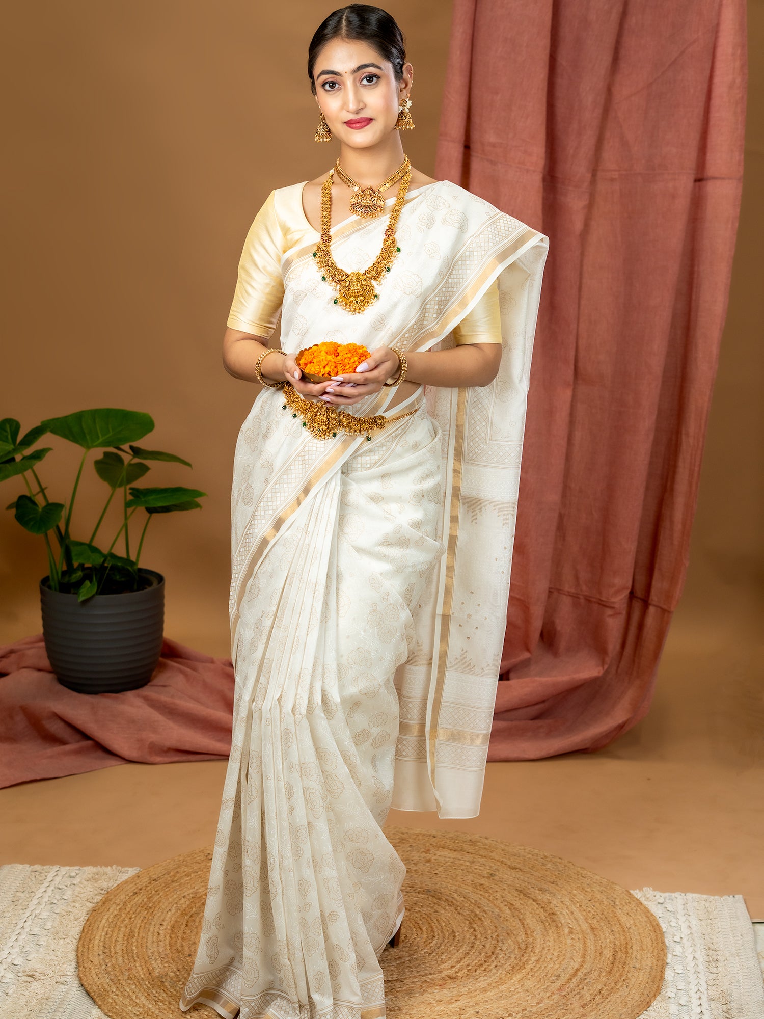 Malar White Hand Block Print Saree