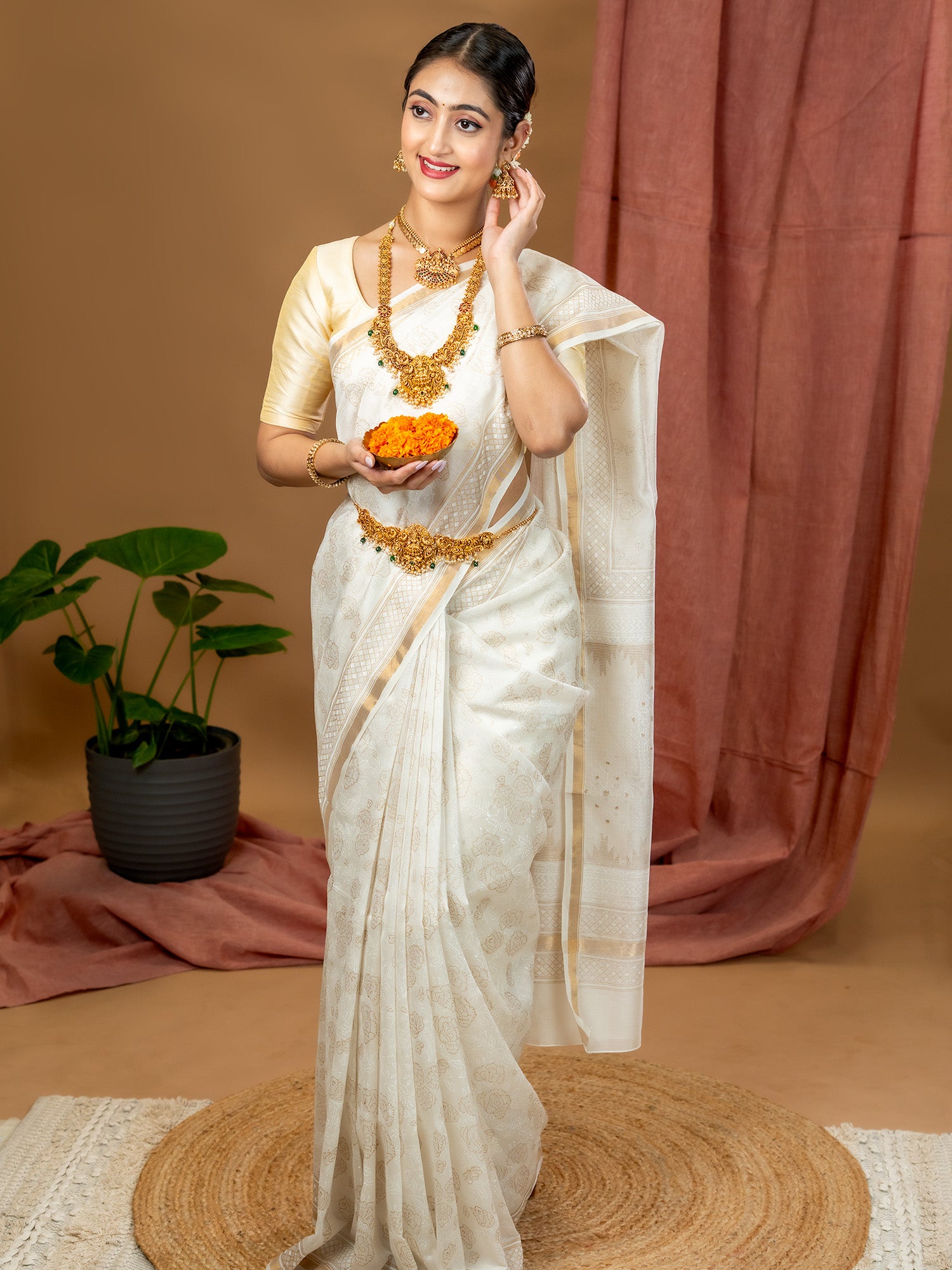 Malar White Hand Block Print Saree