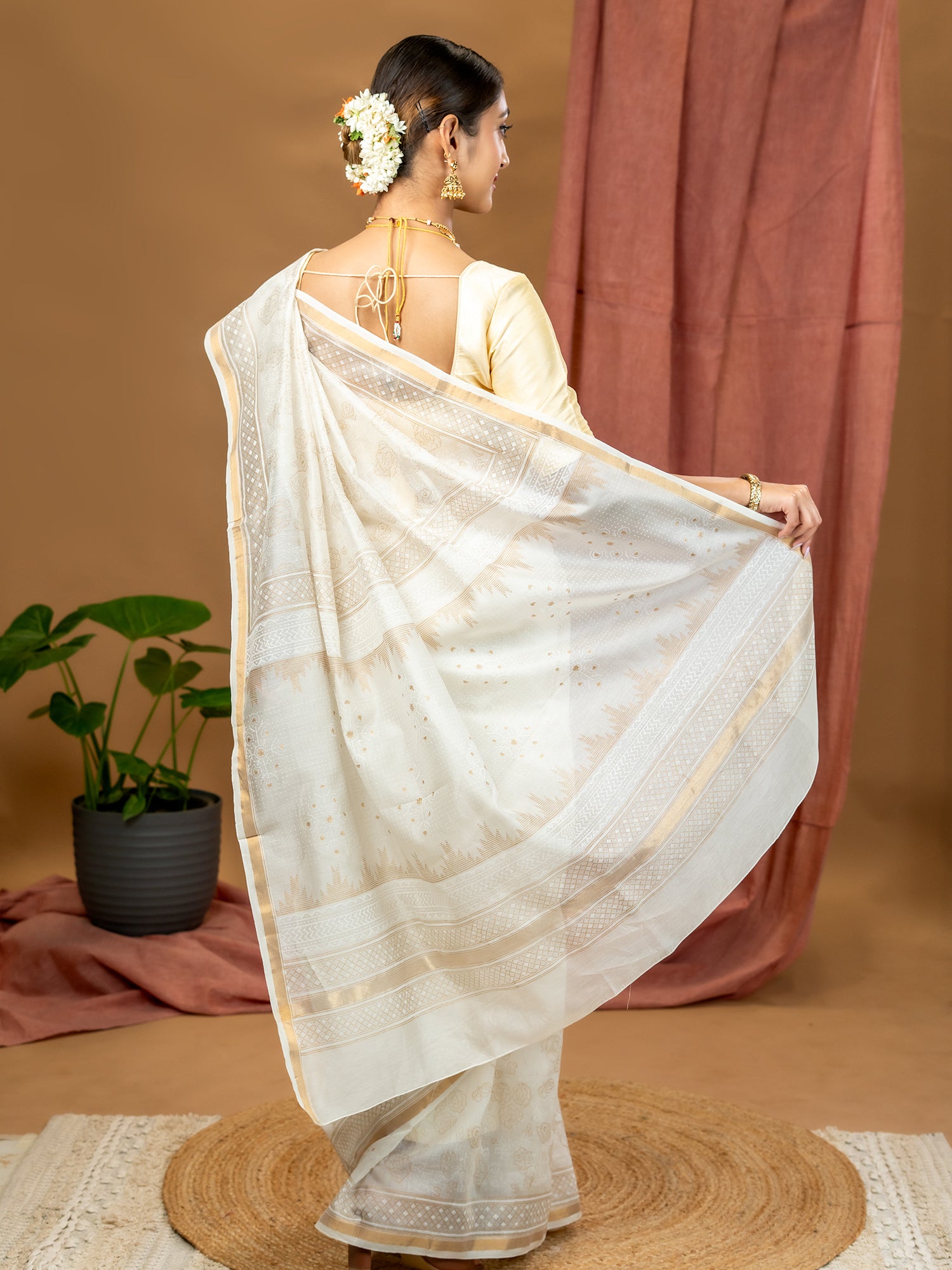 Malar White Hand Block Print Saree