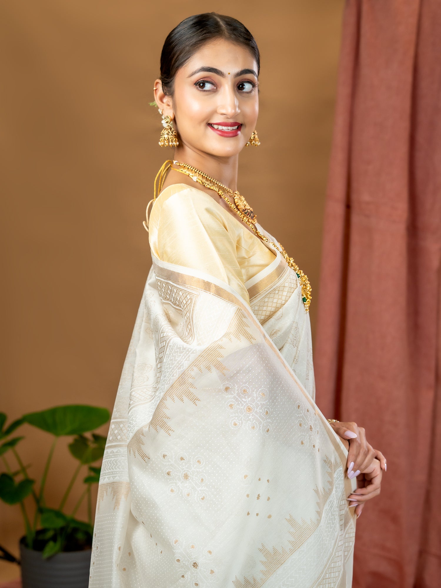 Malar White Hand Block Print Saree