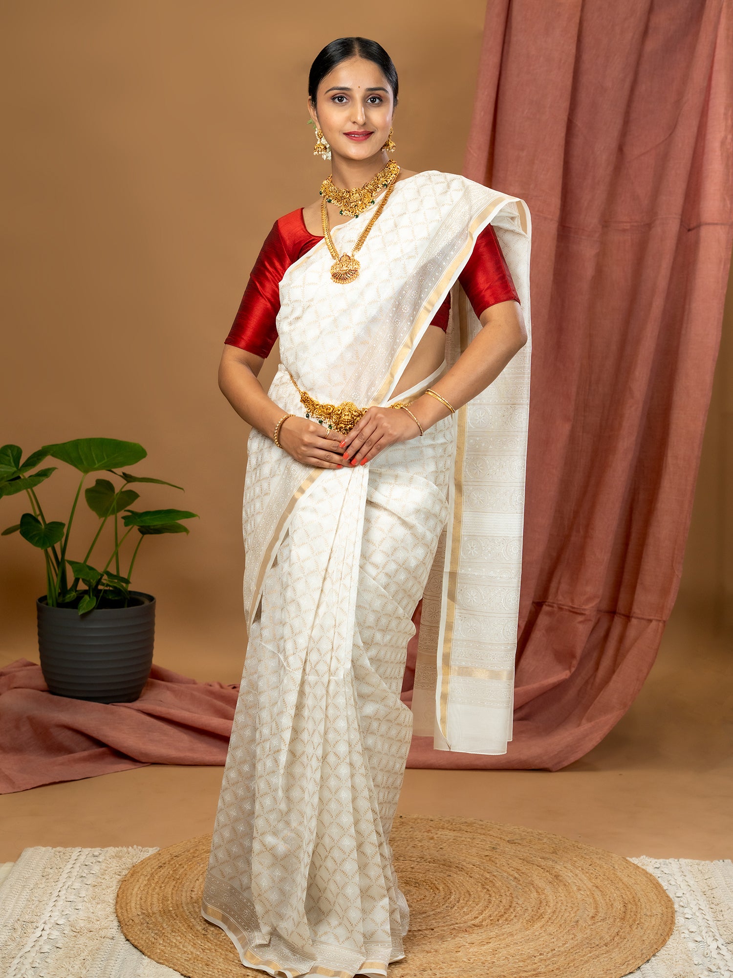 Malar White Hand Block Print Saree