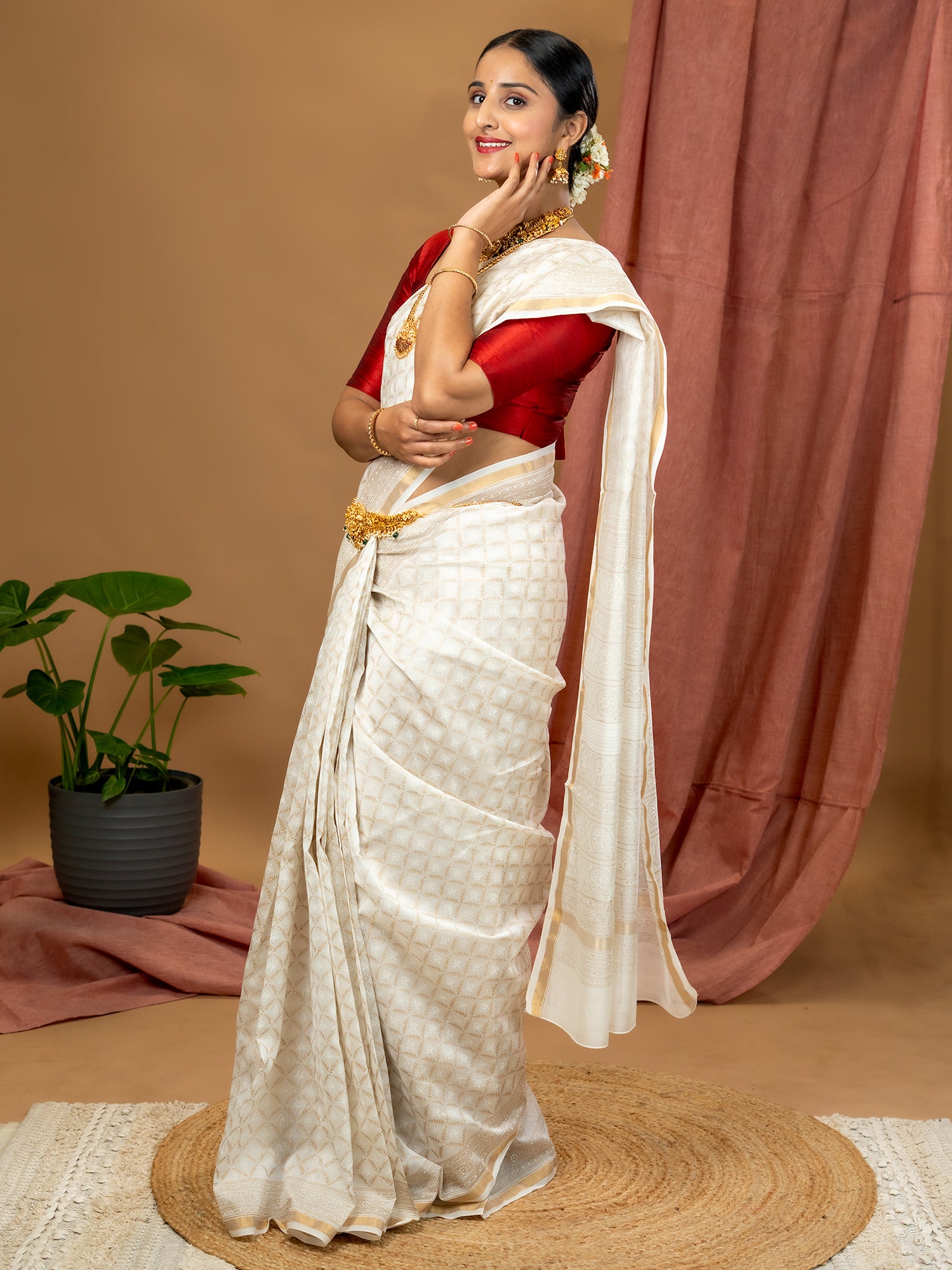 Malar White Hand Block Print Saree