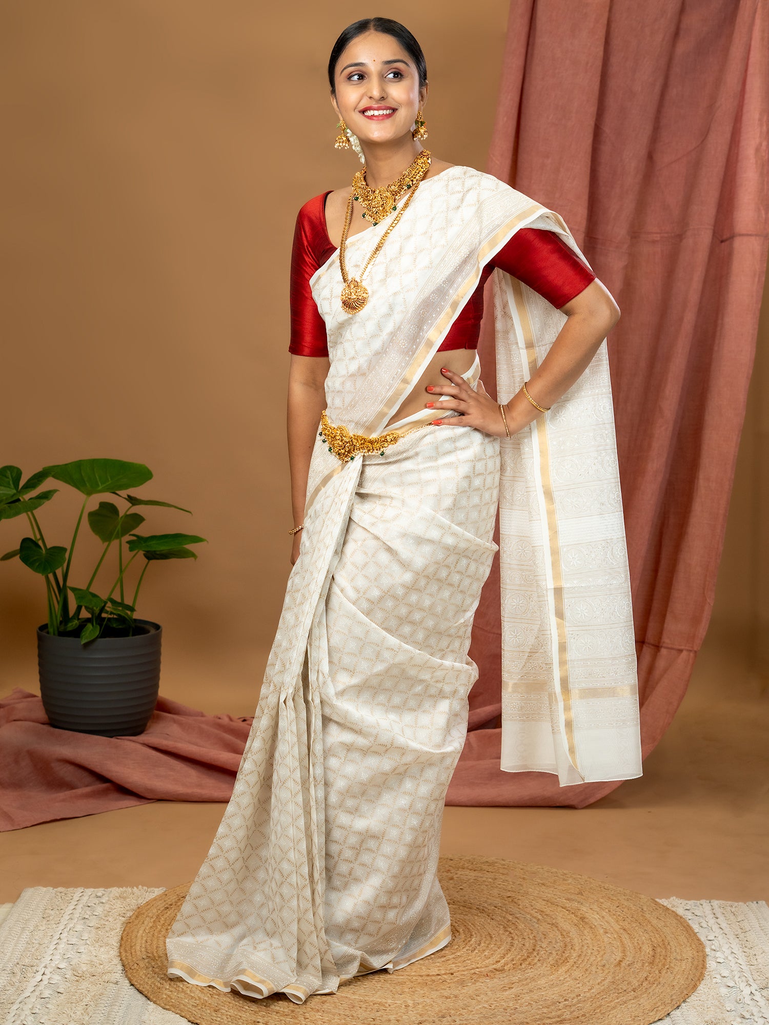 Malar White Hand Block Print Saree