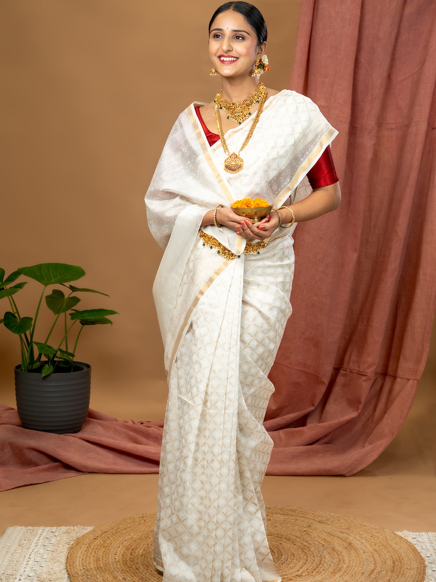 Malar White Hand Block Print Saree