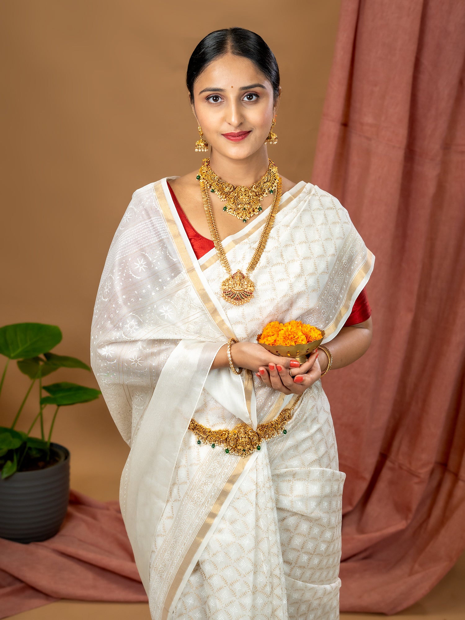 Malar White Hand Block Print Saree