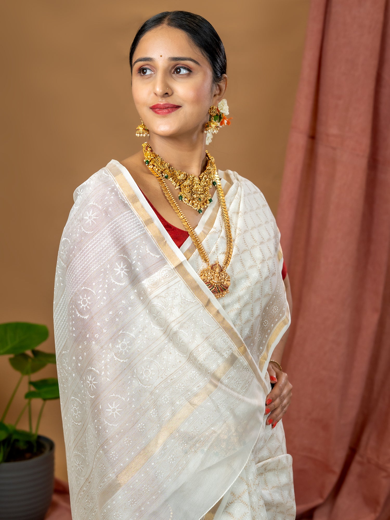 Malar White Hand Block Print Saree
