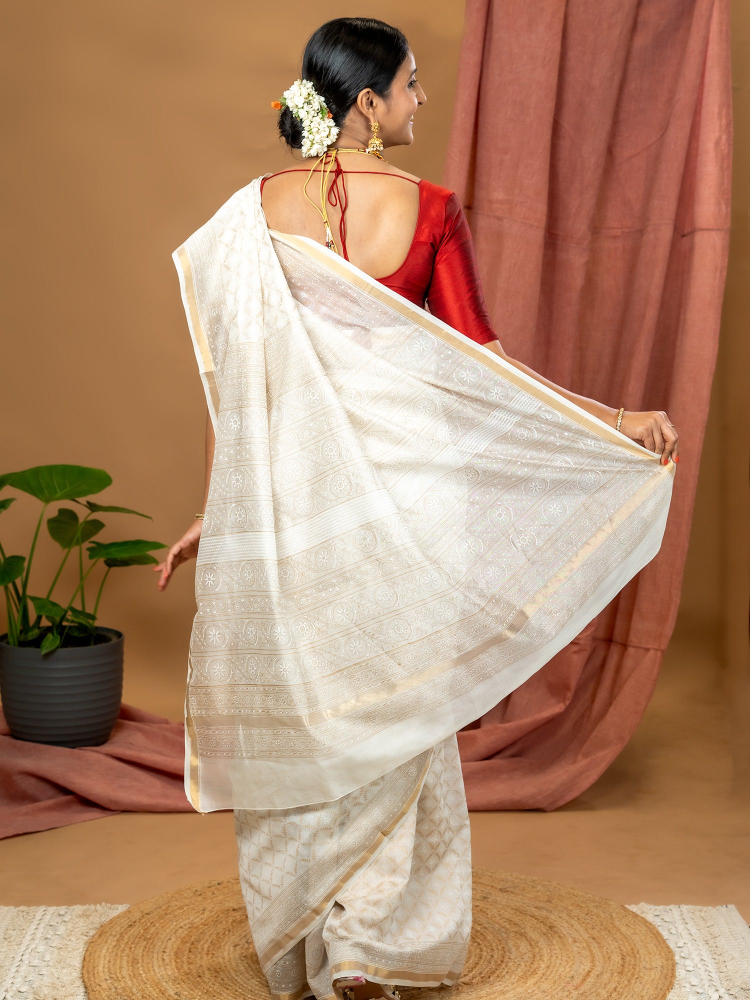 Malar White Hand Block Print Saree