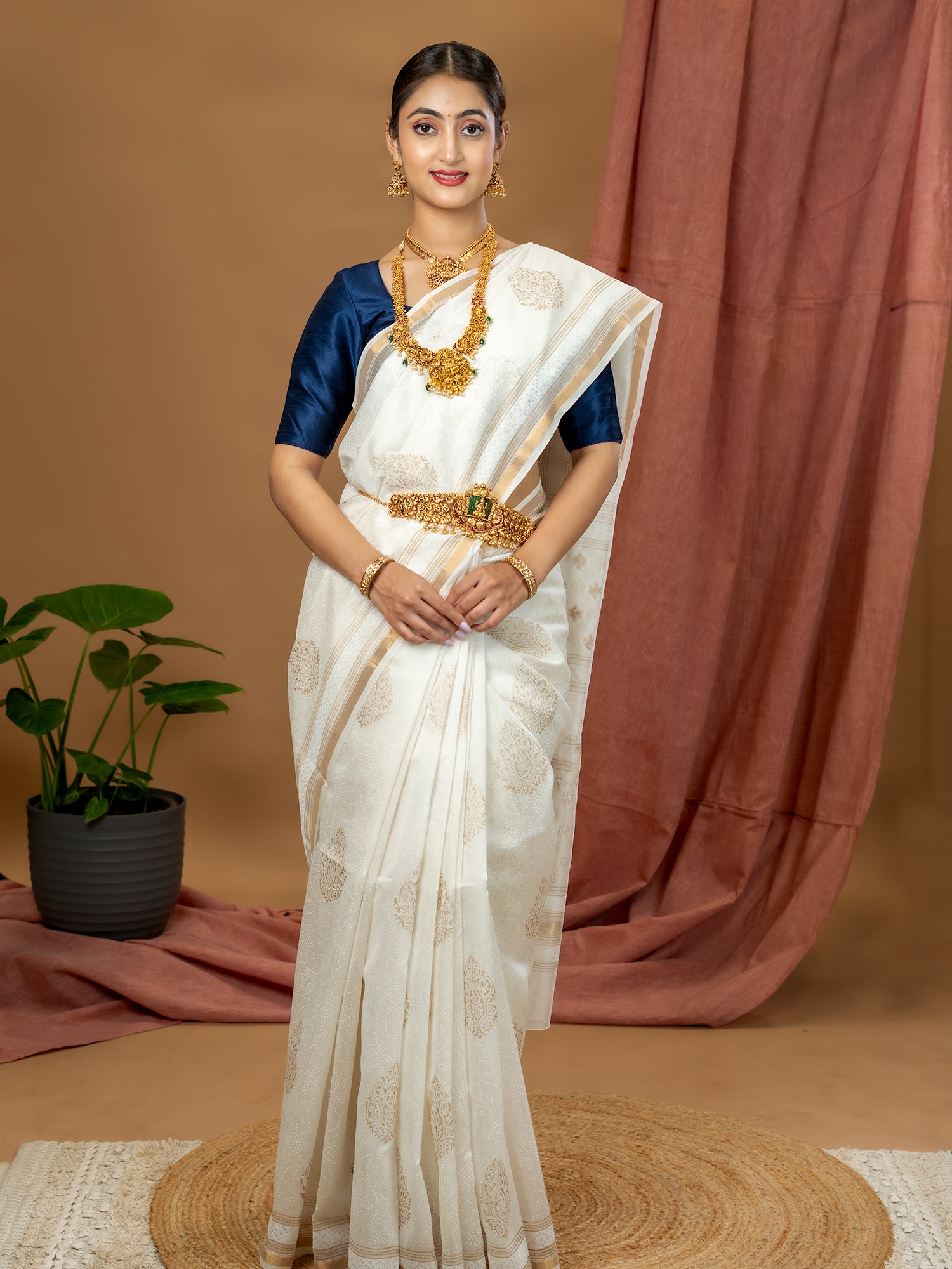 Malar White Hand Block Print Saree
