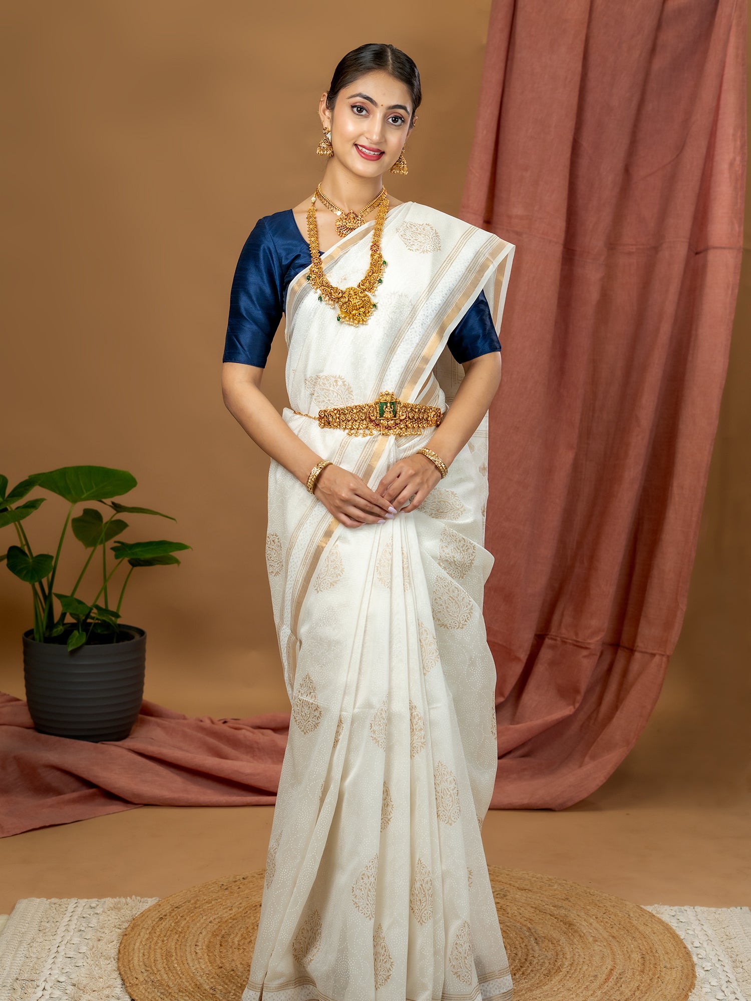 Malar White Hand Block Print Saree