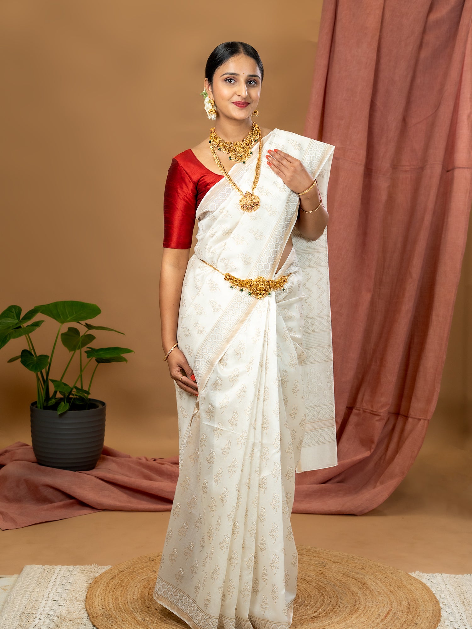 Malar Off White Hand Block Print Saree