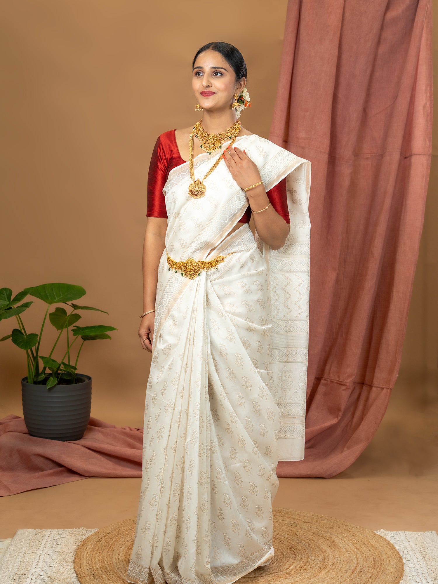 Malar Off White Hand Block Print Saree