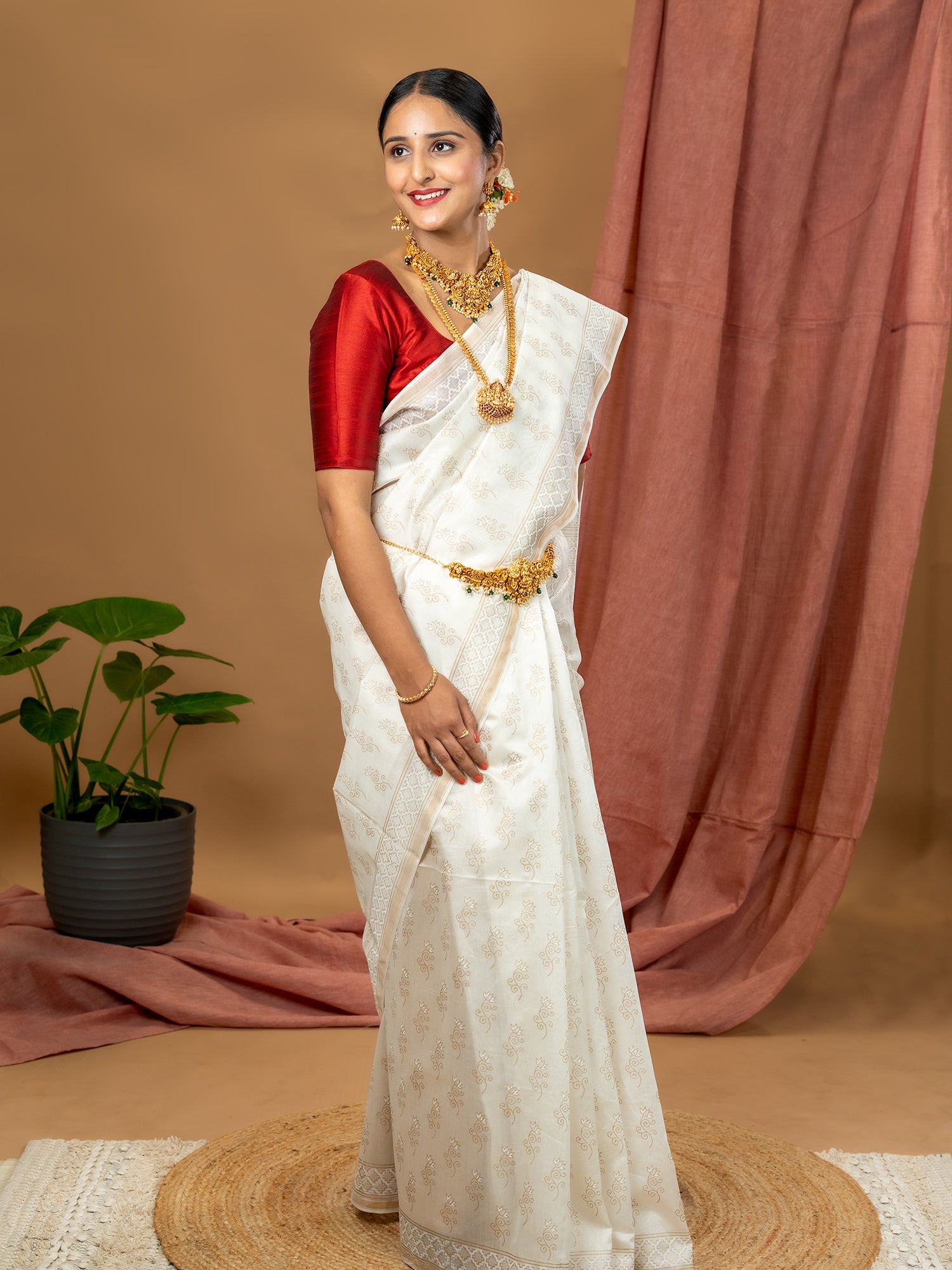 Malar Off White Hand Block Print Saree