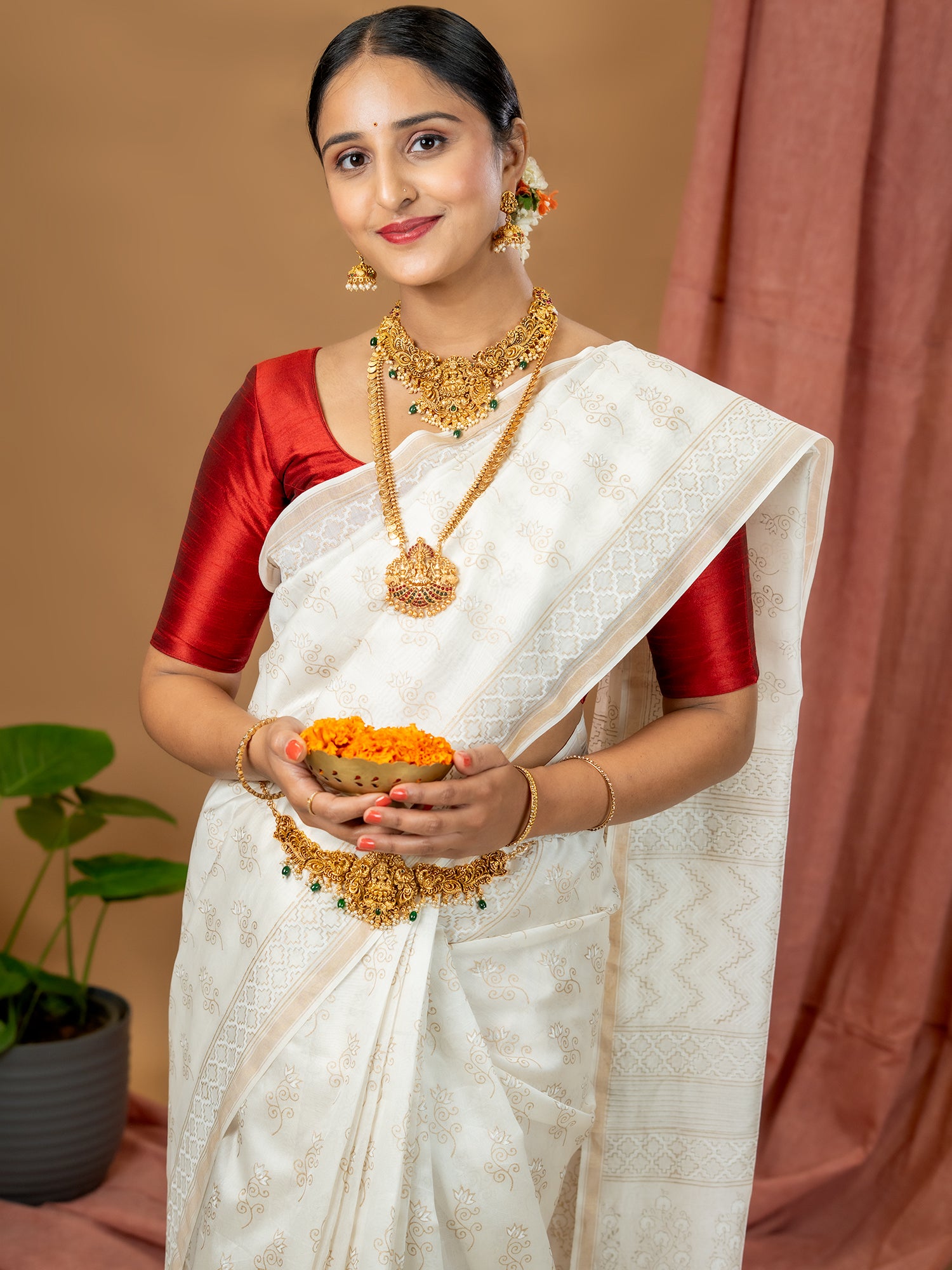 Malar Off White Hand Block Print Saree