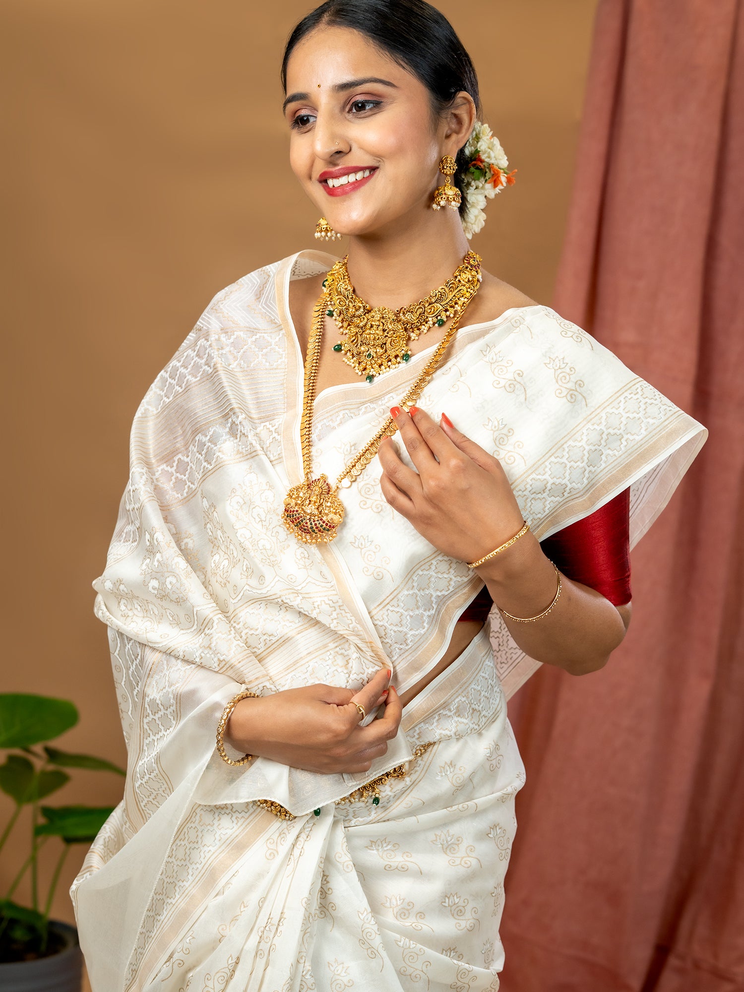Malar Off White Hand Block Print Saree
