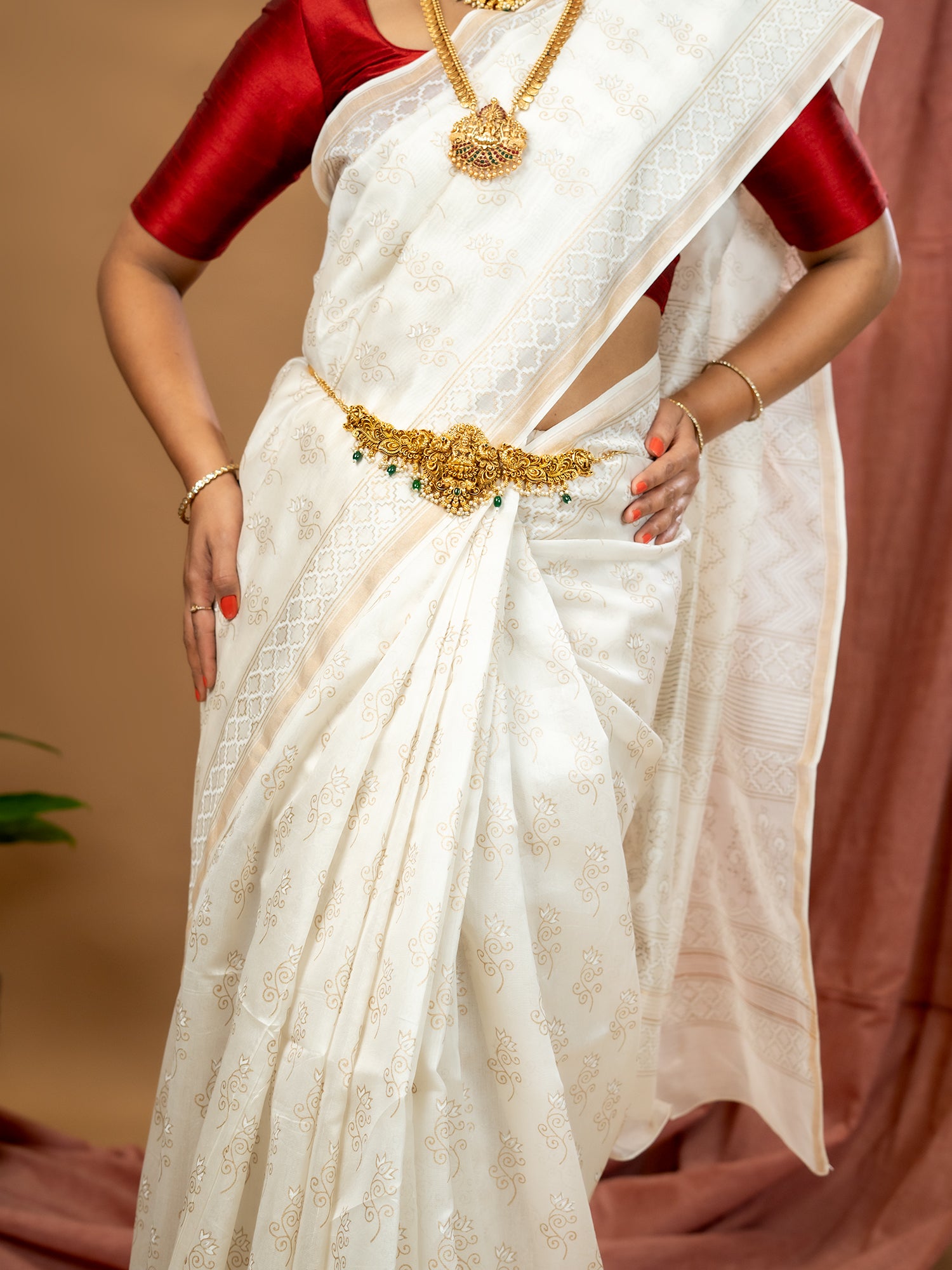 Malar Off White Hand Block Print Saree